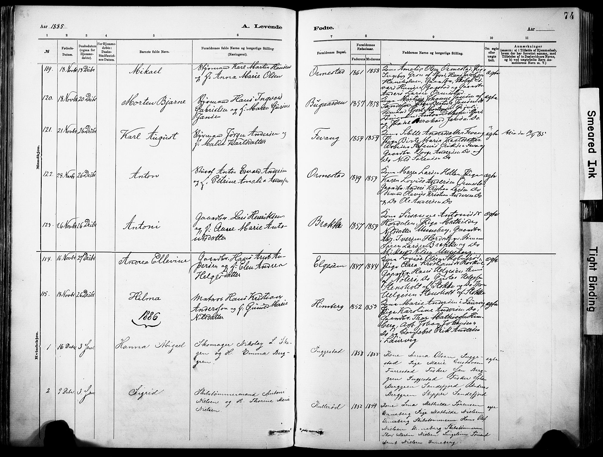 Sandar kirkebøker, SAKO/A-243/F/Fa/L0012: Parish register (official) no. 12, 1883-1895, p. 74