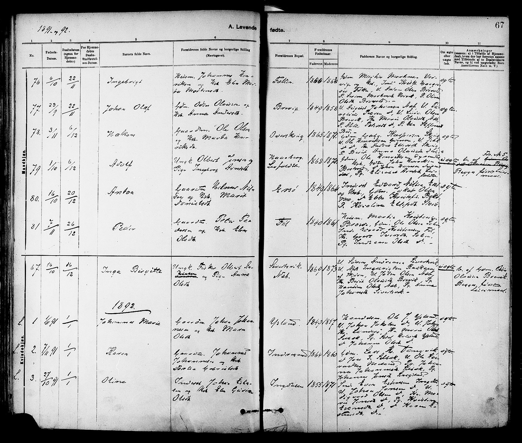 Ministerialprotokoller, klokkerbøker og fødselsregistre - Sør-Trøndelag, SAT/A-1456/647/L0634: Parish register (official) no. 647A01, 1885-1896, p. 67