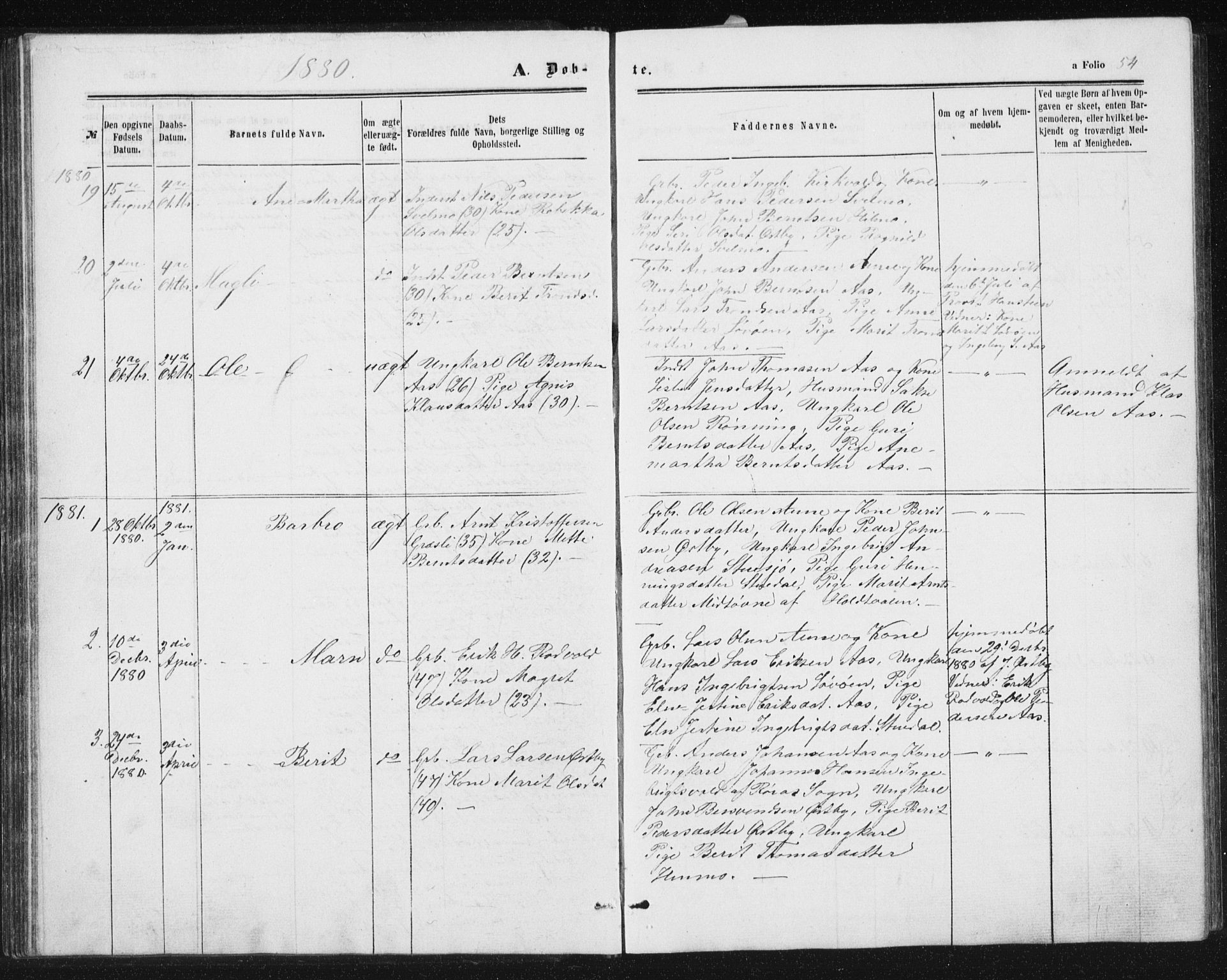 Ministerialprotokoller, klokkerbøker og fødselsregistre - Sør-Trøndelag, SAT/A-1456/698/L1166: Parish register (copy) no. 698C03, 1861-1887, p. 54
