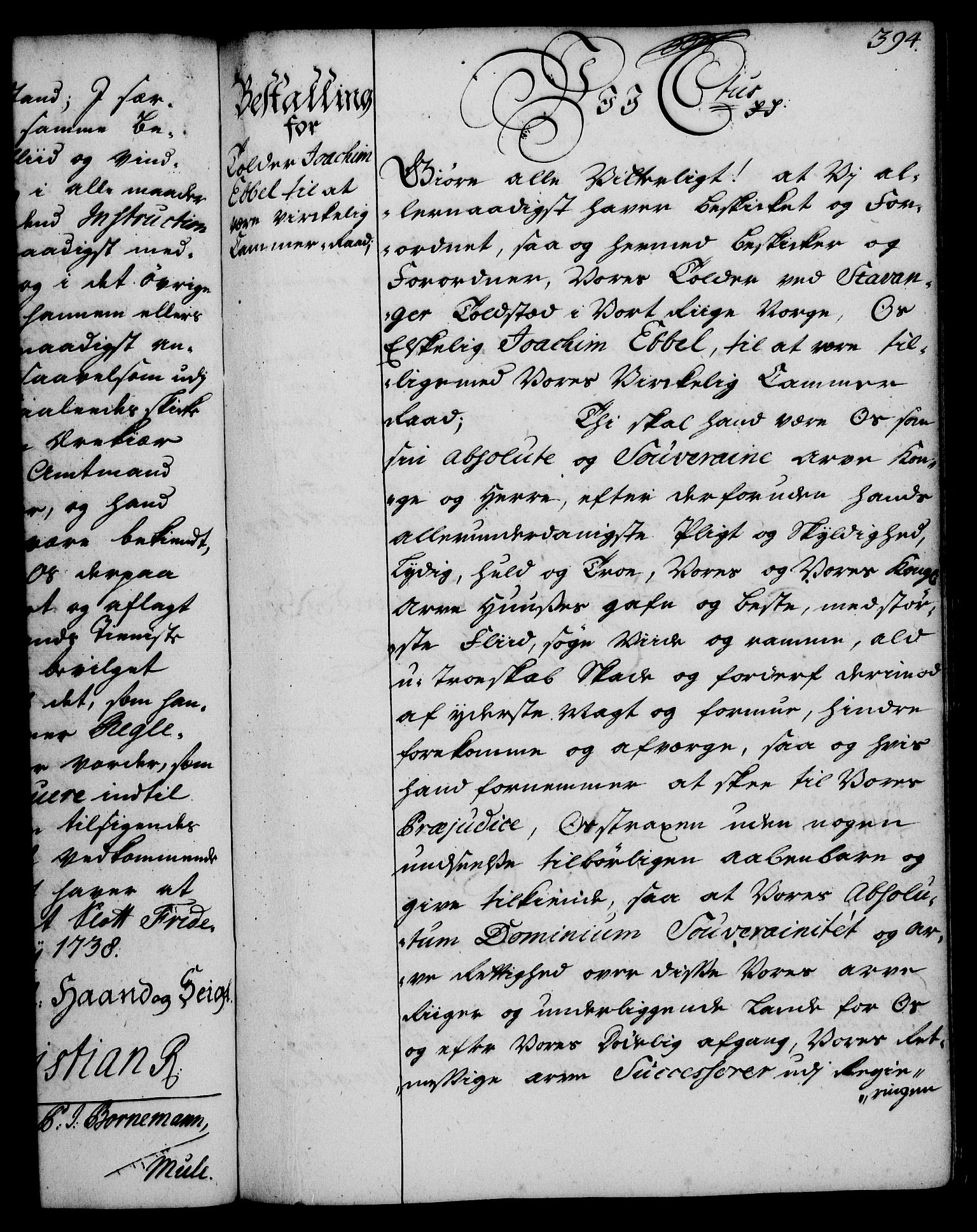 Rentekammeret, Kammerkanselliet, RA/EA-3111/G/Gg/Gge/L0002: Norsk bestallingsprotokoll med register (merket RK 53.26), 1730-1744, p. 394