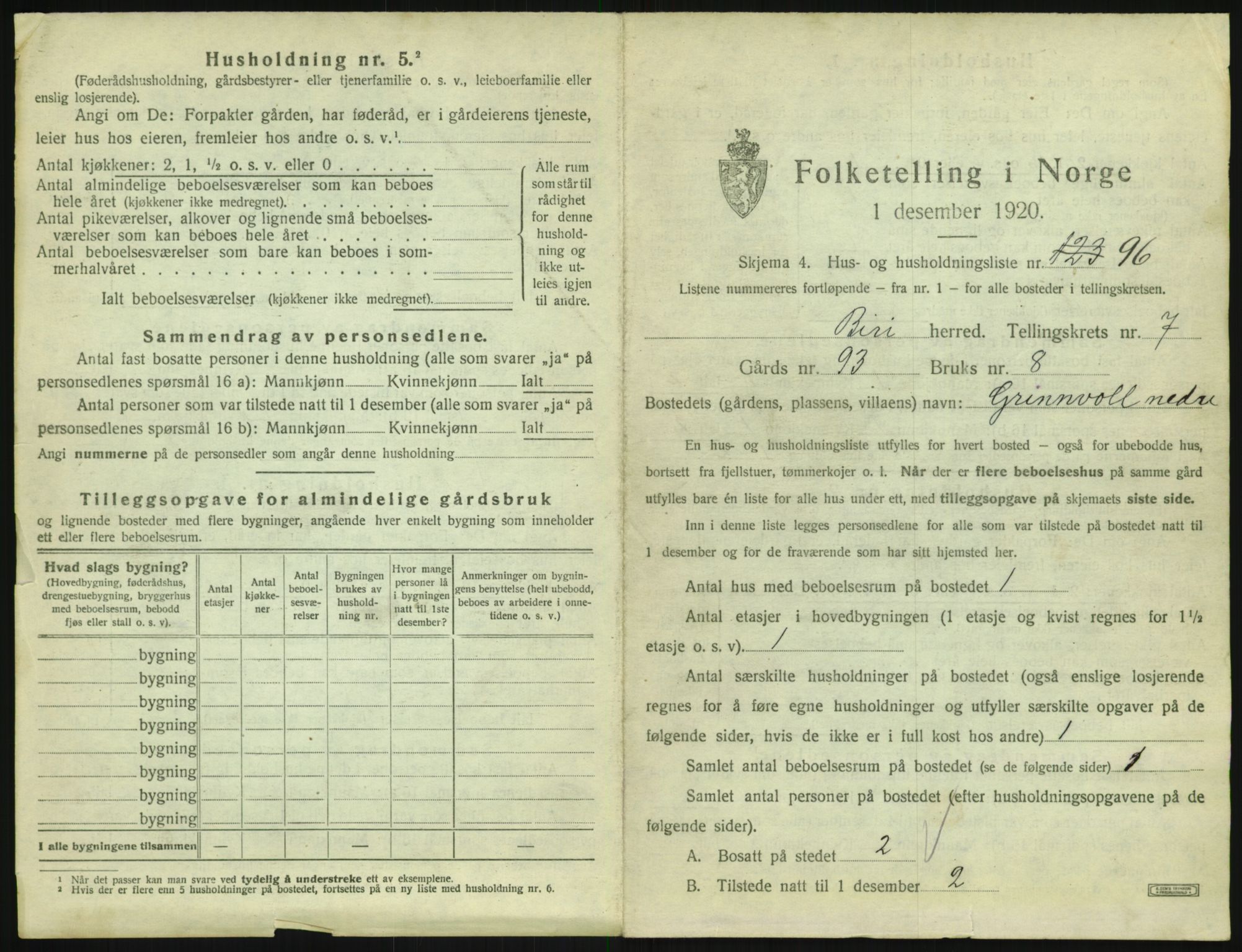 SAH, 1920 census for Biri, 1920, p. 1119