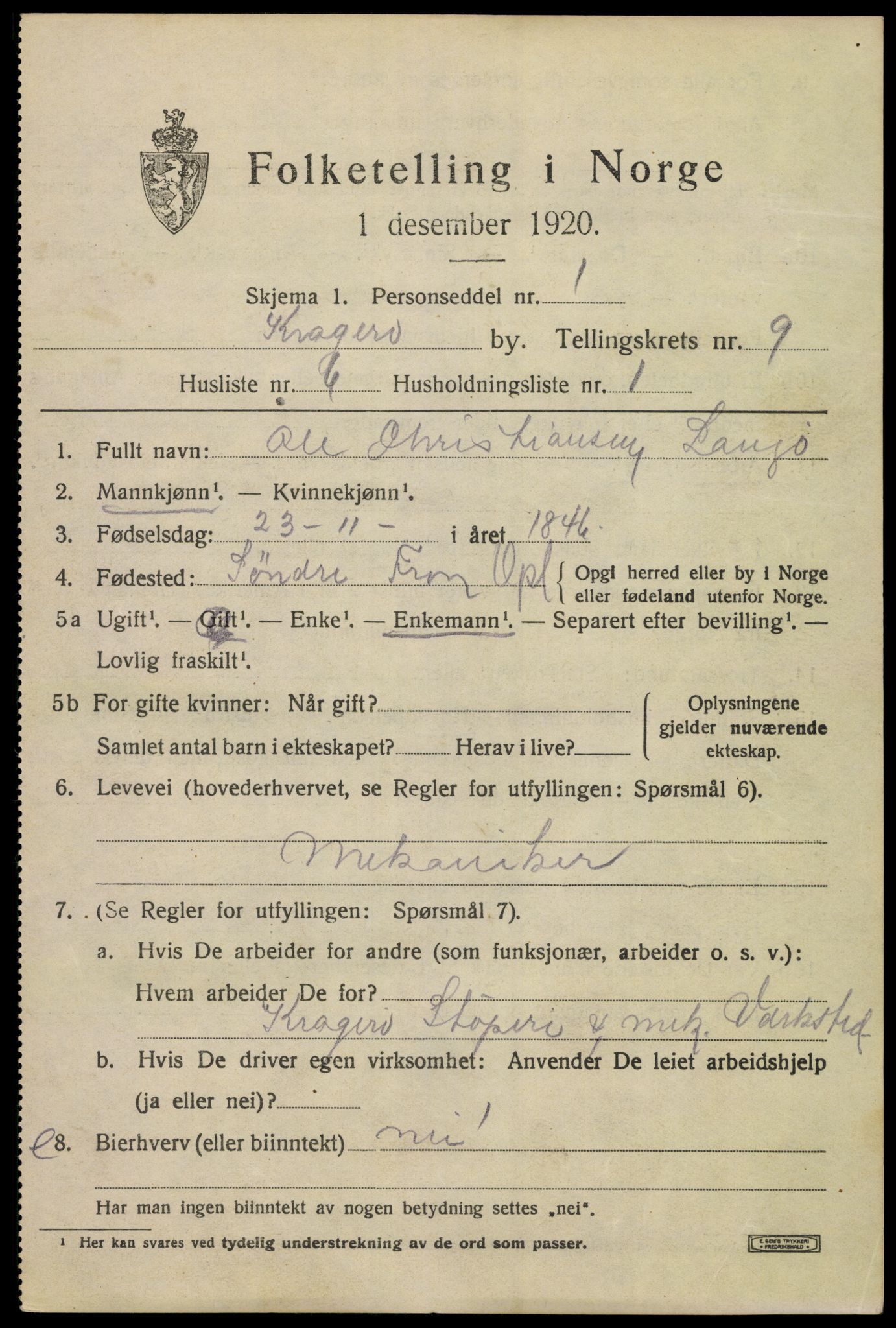 SAKO, 1920 census for Kragerø, 1920, p. 12009