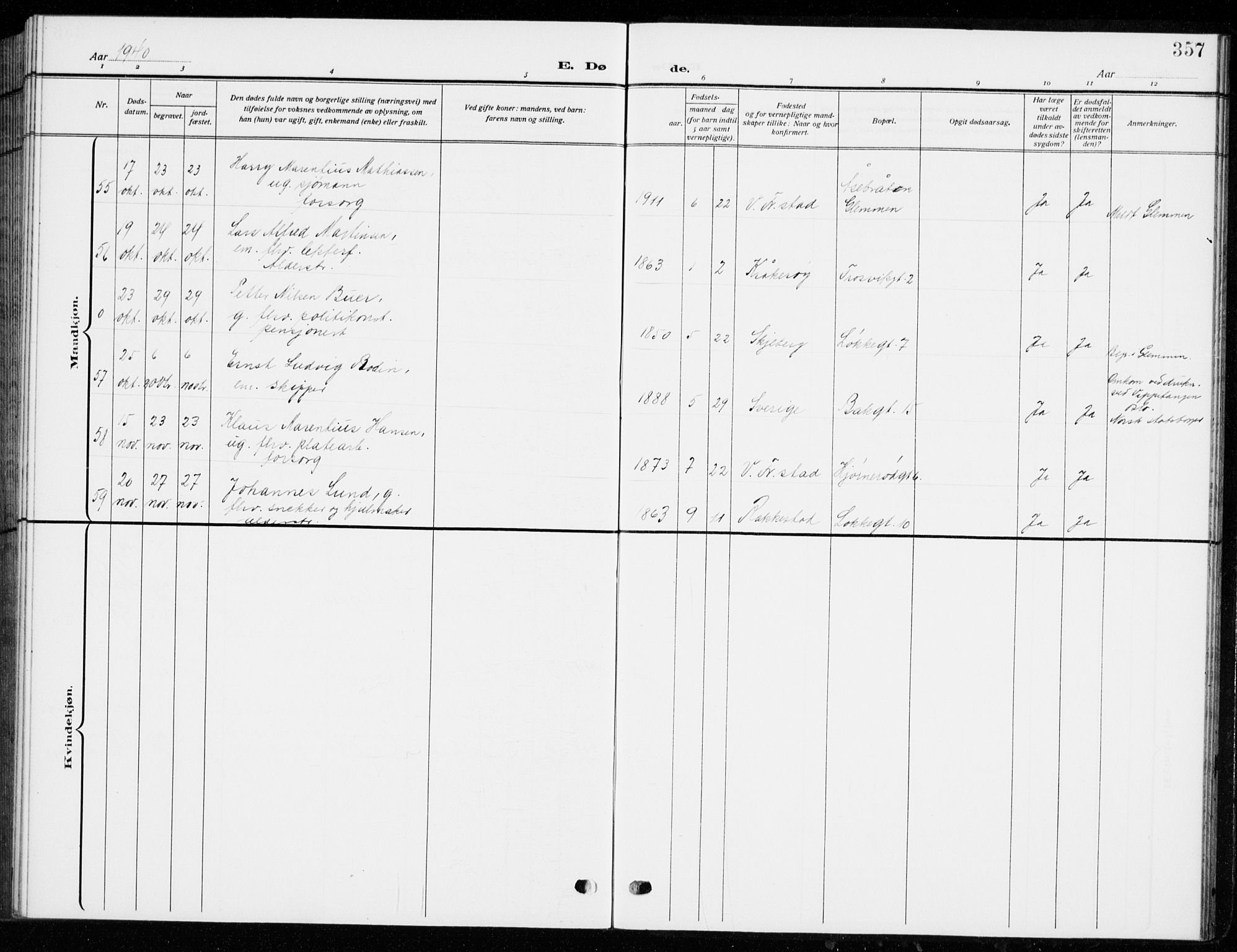 Fredrikstad domkirkes prestekontor Kirkebøker, AV/SAO-A-10906/G/Ga/L0004: Parish register (copy) no. 4, 1910-1944, p. 357