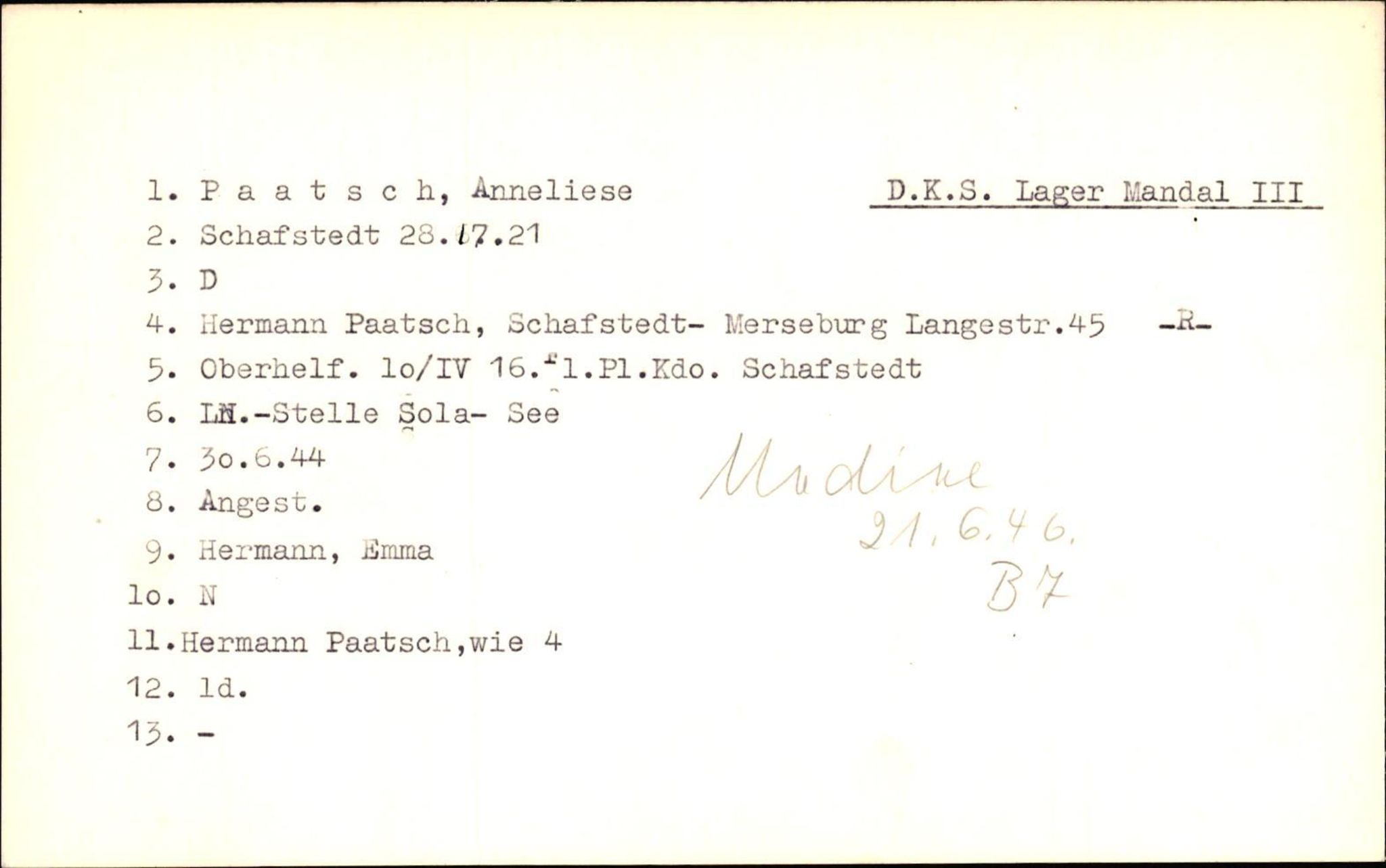 Hjemsendte tyskere , AV/RA-RAFA-6487/D/Db/L0020: Mülzet-Paülisch, 1945-1947, p. 1016