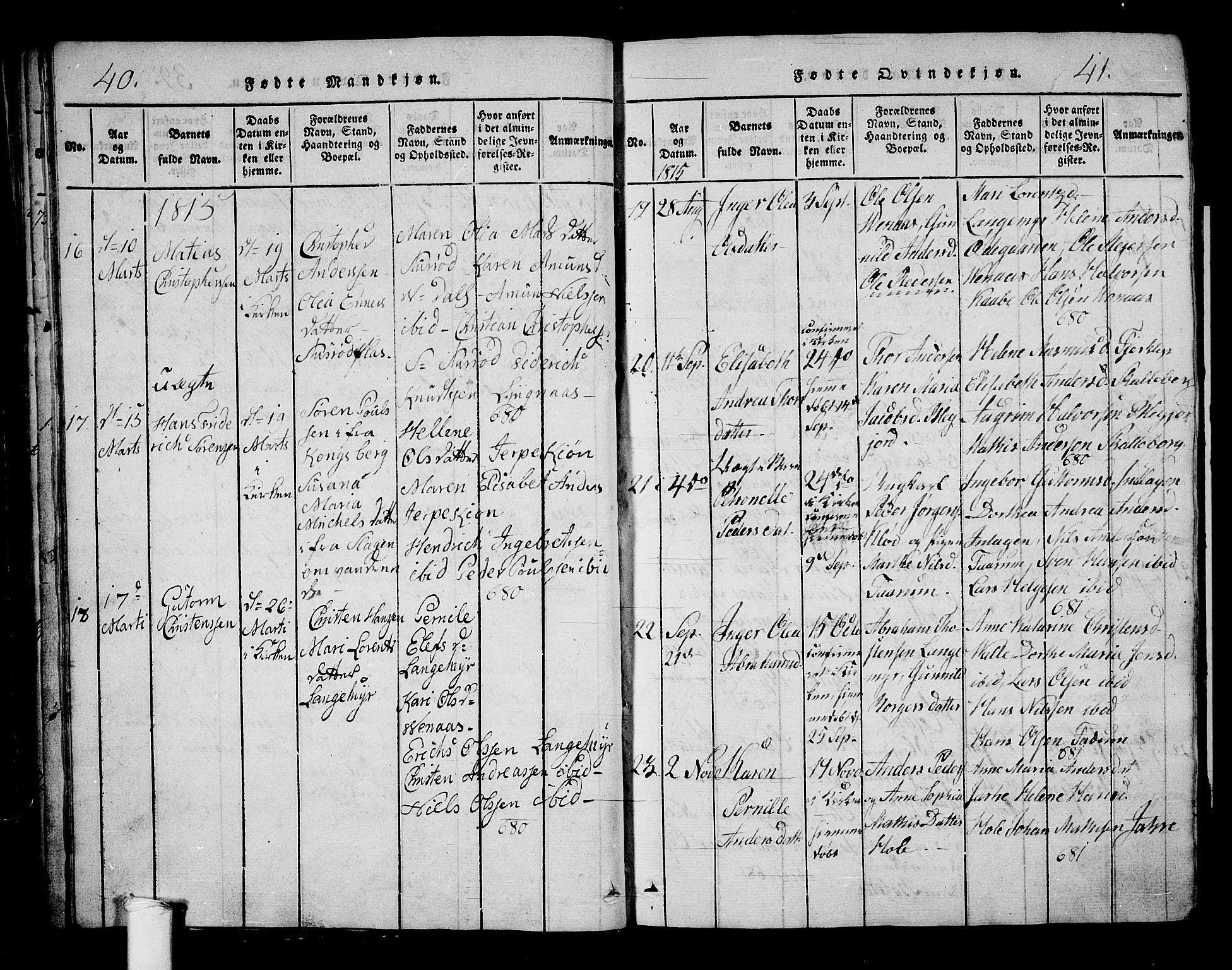 Ramnes kirkebøker, AV/SAKO-A-314/G/Ga/L0001: Parish register (copy) no. I 1, 1813-1847, p. 40-41