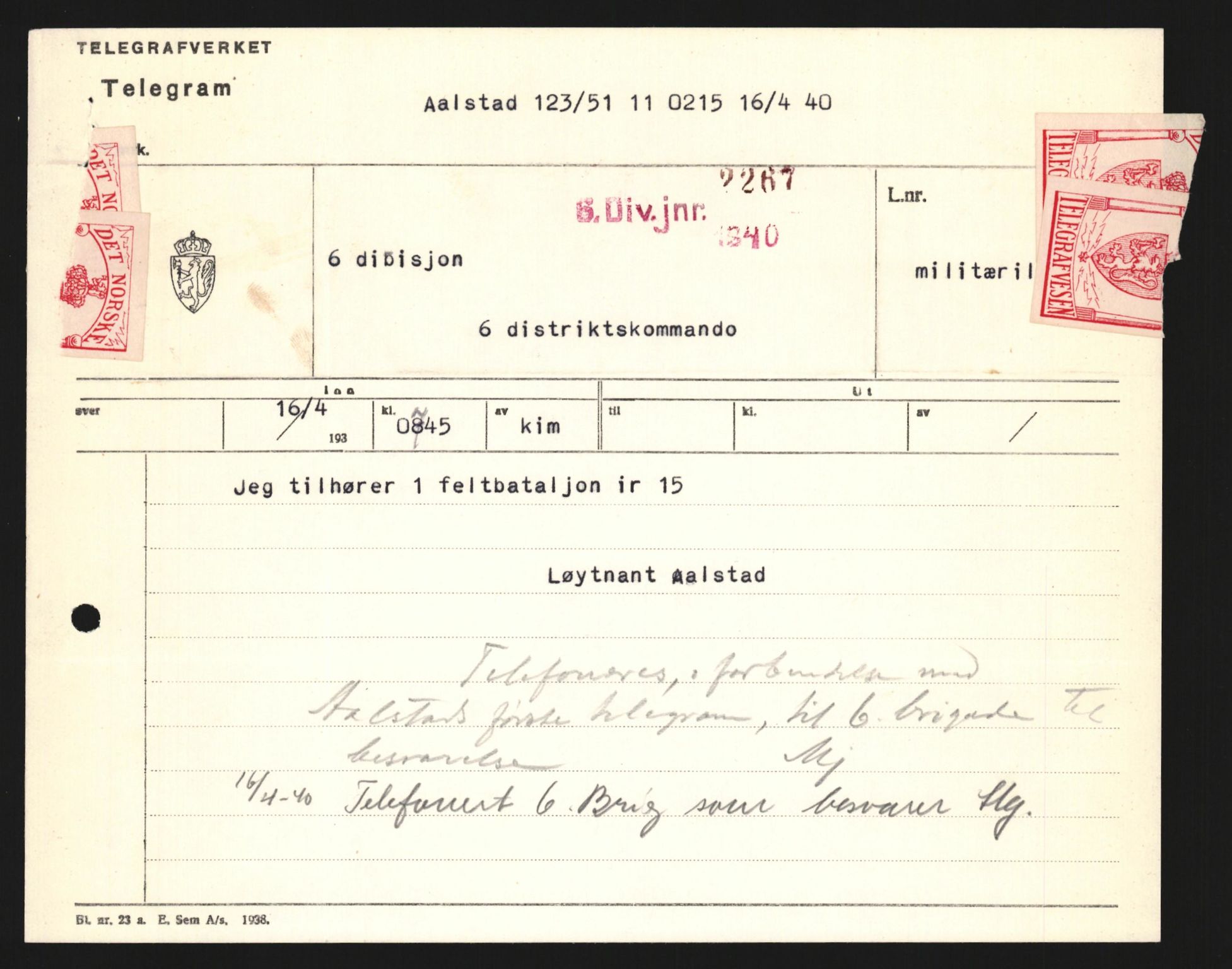 Forsvaret, Forsvarets krigshistoriske avdeling, AV/RA-RAFA-2017/Y/Yb/L0123: II-C-11-600  -  6. Divisjon med avdelinger, 1940, p. 254