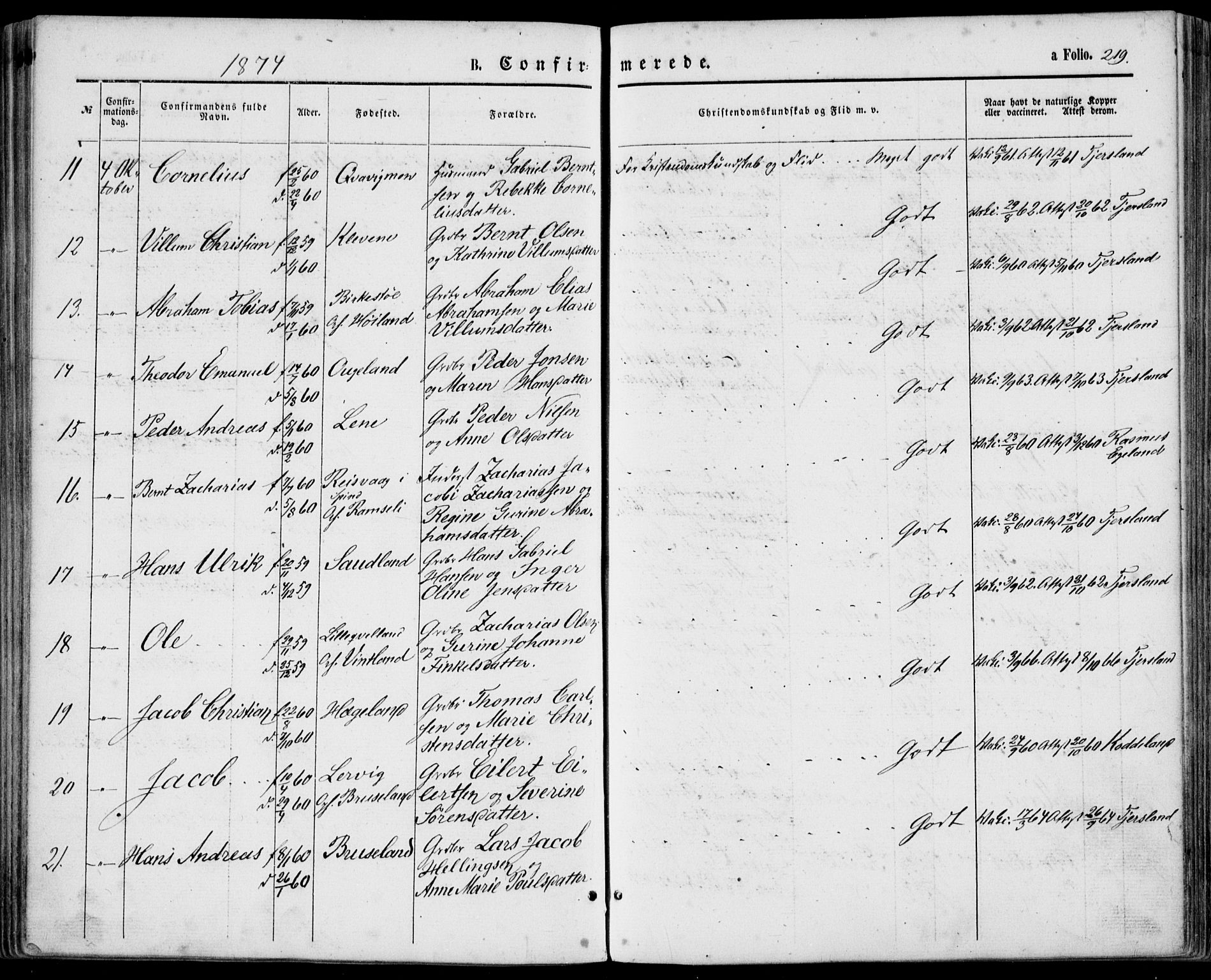 Lyngdal sokneprestkontor, AV/SAK-1111-0029/F/Fa/Fac/L0010: Parish register (official) no. A 10, 1865-1878, p. 219