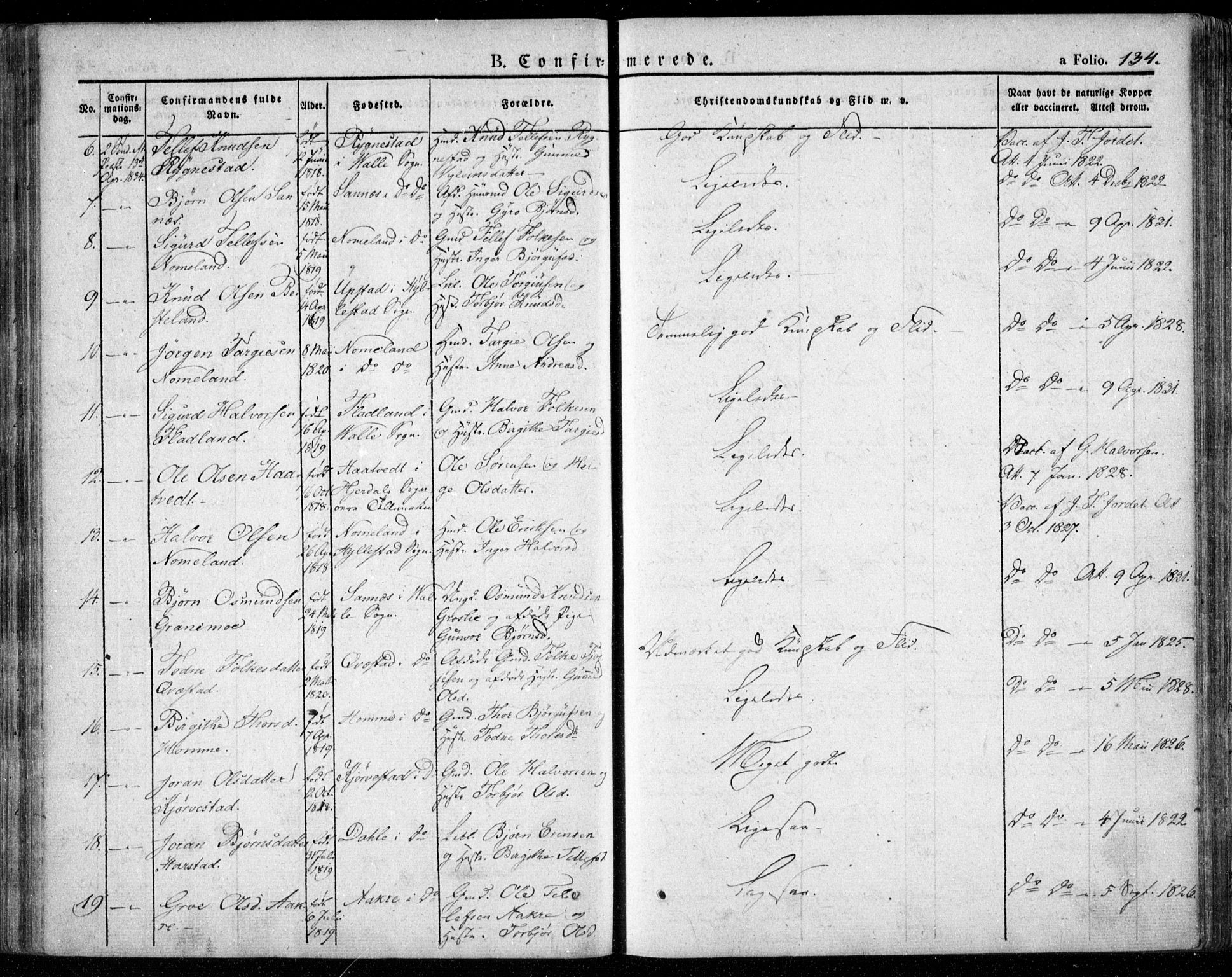 Valle sokneprestkontor, AV/SAK-1111-0044/F/Fa/Fac/L0006: Parish register (official) no. A 6, 1831-1853, p. 134