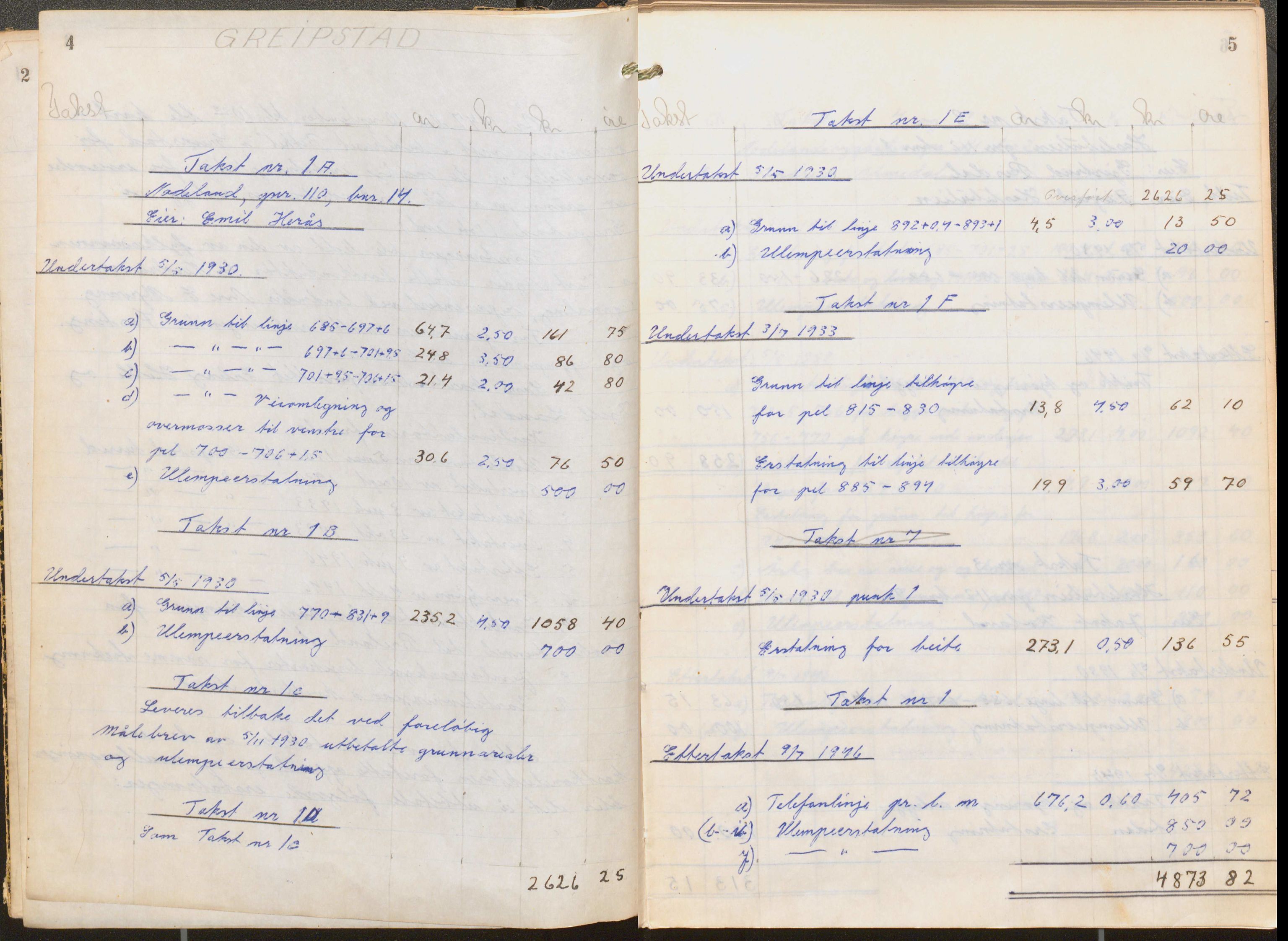 NSB Baneavdelingen, AV/SAK-1821-0004/F/Fc/Fch/L0256/0003: Grunnerstatninger, målebrev / Kartkonduktørprotokoll for Kristiansand - Moi, 1. og 2. avd., 1947, p. 4-5