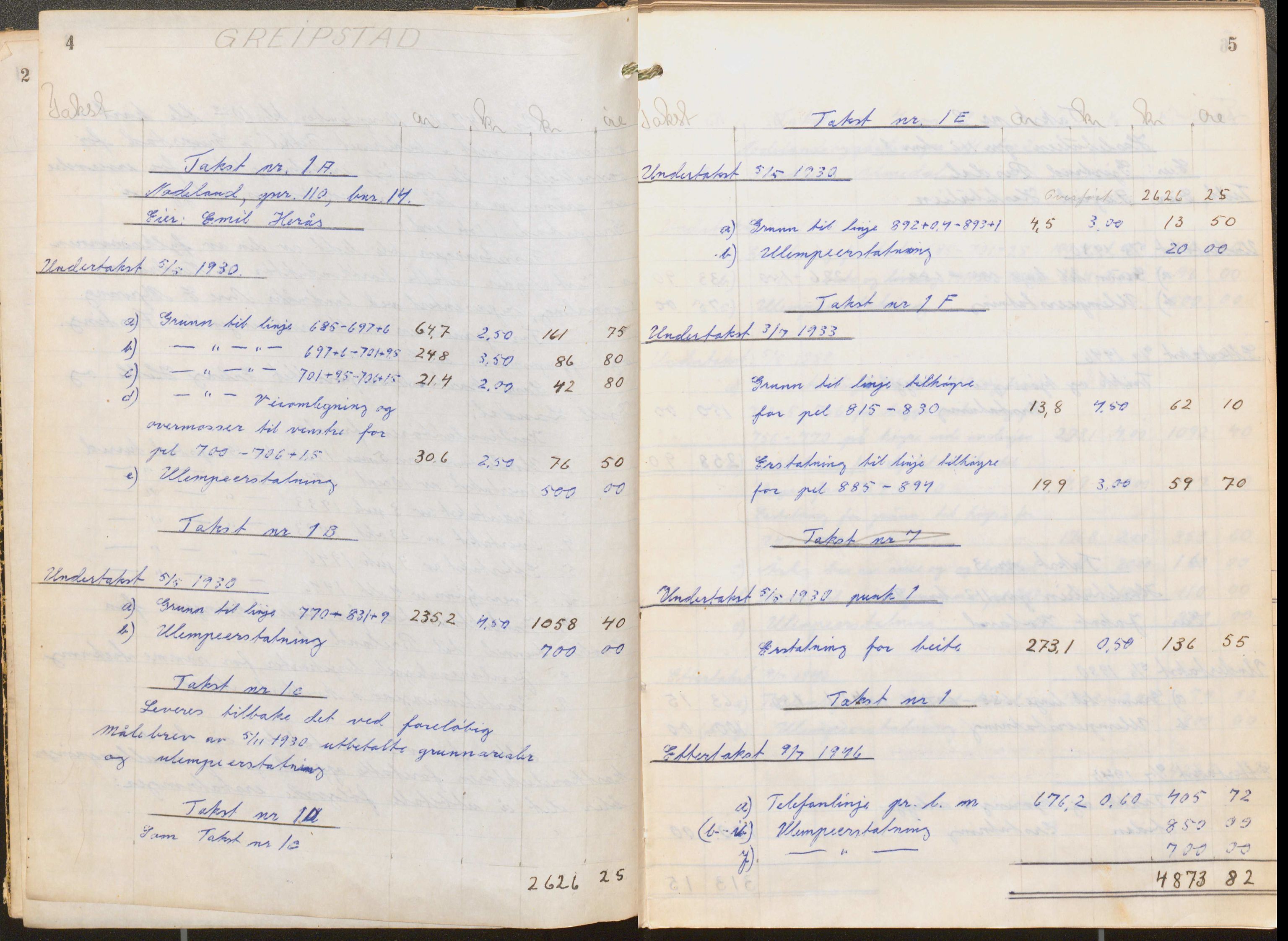 NSB Baneavdelingen, SAK/1821-0004/F/Fc/Fch/L0256/0003: Grunnerstatninger, målebrev / Kartkonduktørprotokoll for Kristiansand - Moi, 1. og 2. avd., 1947, p. 4-5