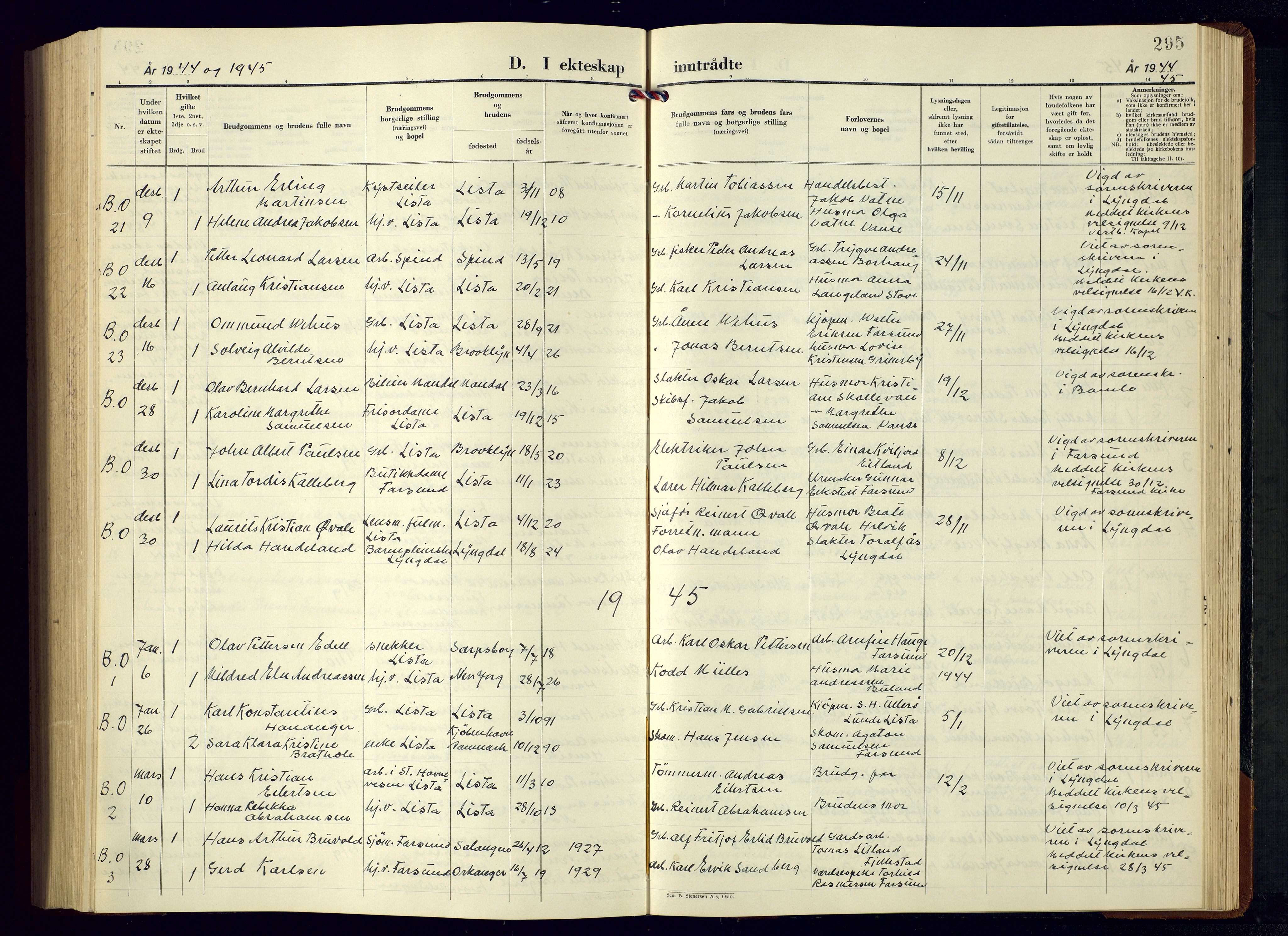 Lista sokneprestkontor, AV/SAK-1111-0027/F/Fb/L0007: Parish register (copy) no. B 7, 1943-1970, p. 295