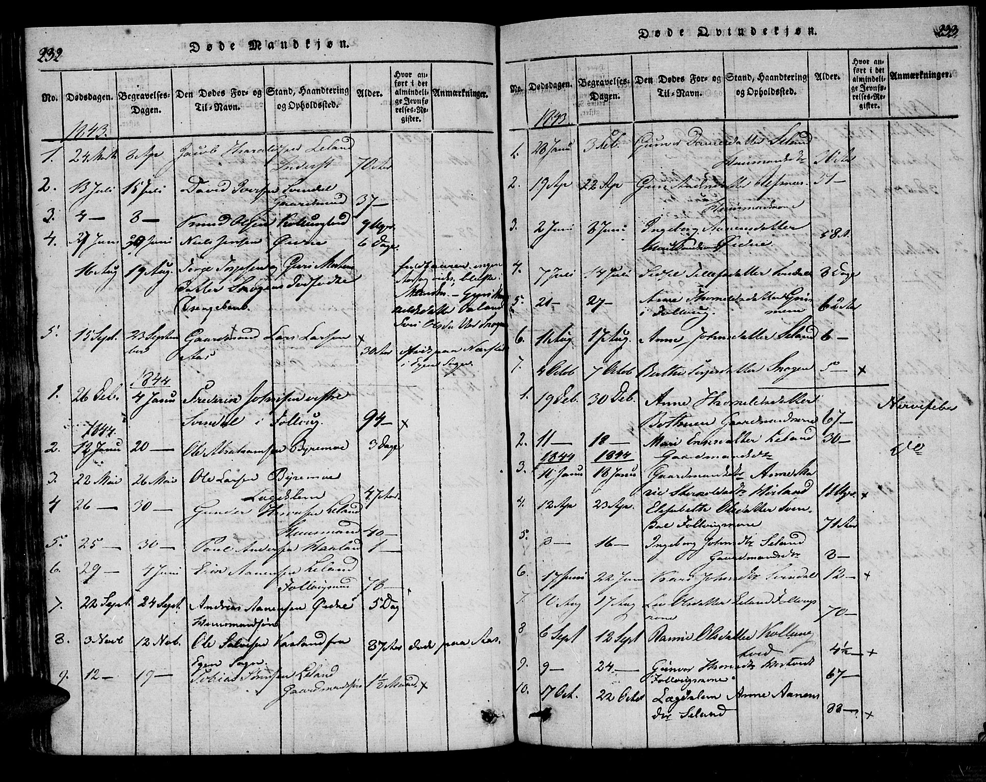 Bjelland sokneprestkontor, AV/SAK-1111-0005/F/Fa/Fac/L0001: Parish register (official) no. A 1, 1815-1866, p. 232-233