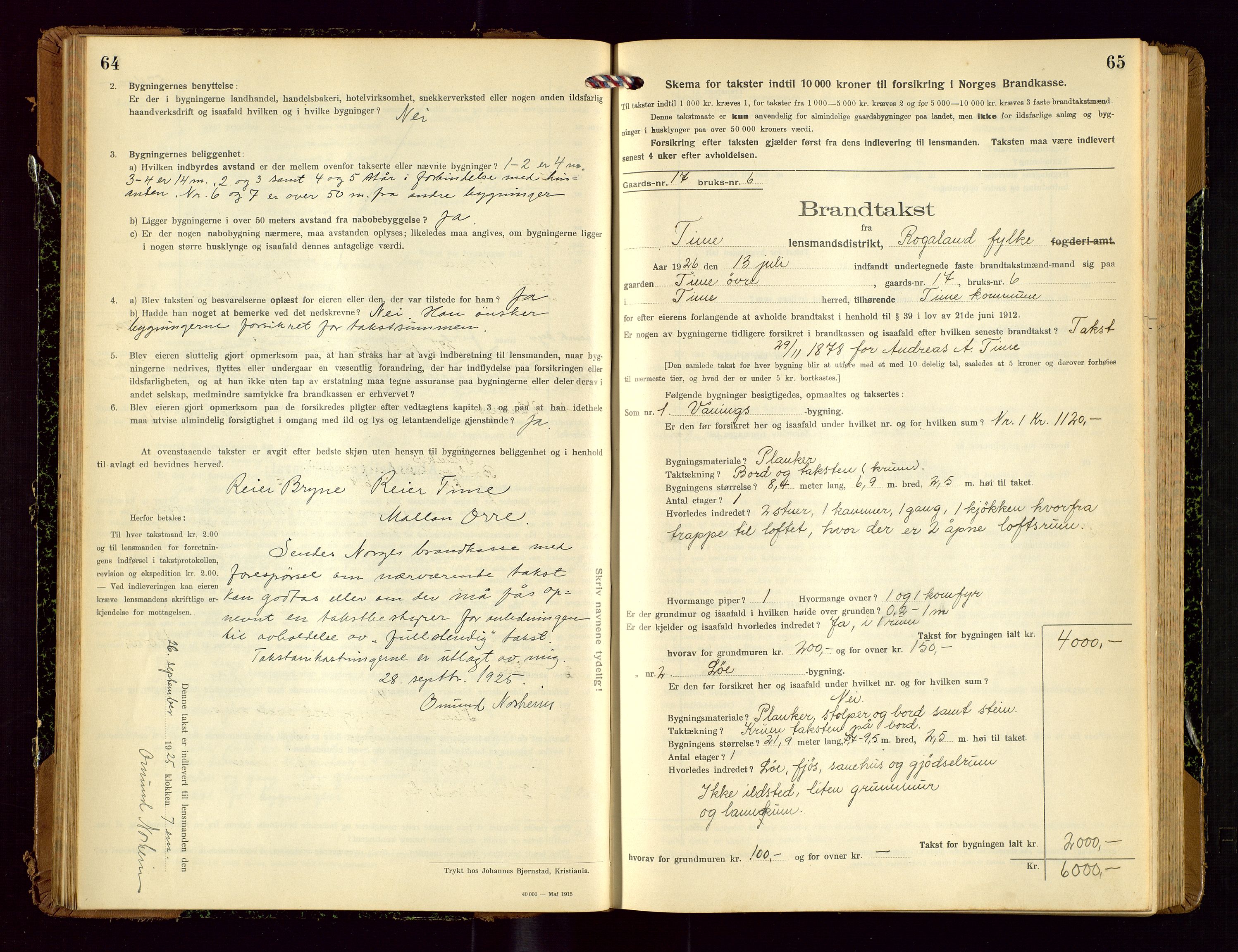 Time lensmannskontor, SAST/A-100420/Gob/L0002: Branntakstprotokoll, 1919-1952, p. 64-65