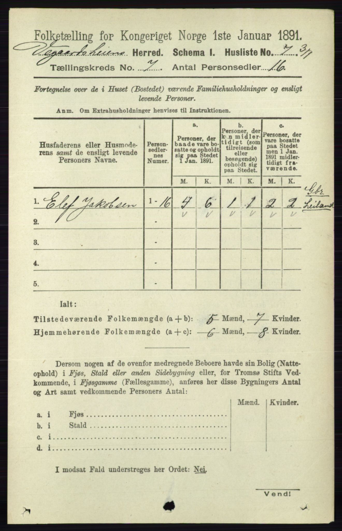 RA, 1891 census for 0912 Vegårshei, 1891, p. 1317