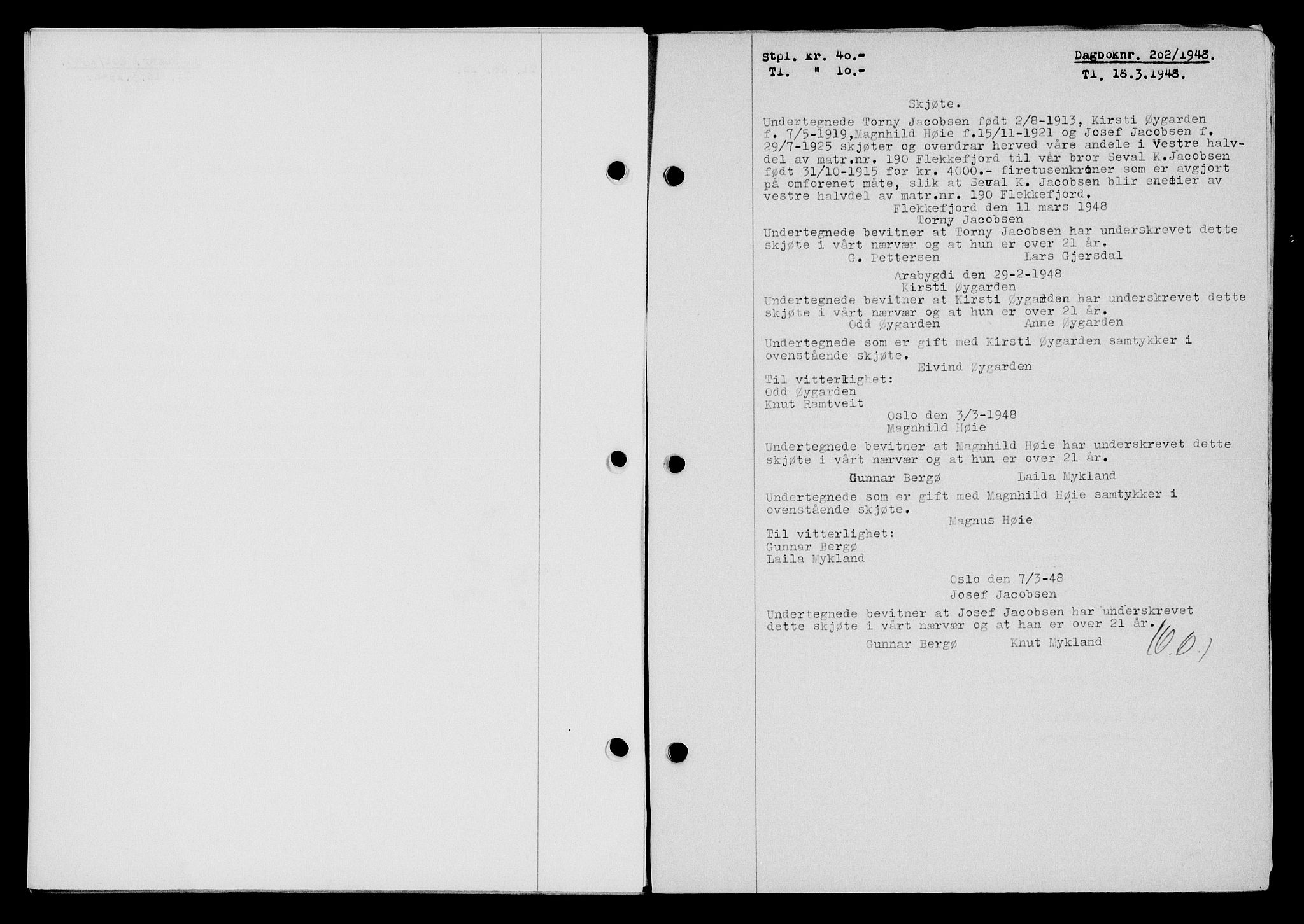 Flekkefjord sorenskriveri, AV/SAK-1221-0001/G/Gb/Gba/L0063: Mortgage book no. A-11, 1947-1948, Diary no: : 202/1948