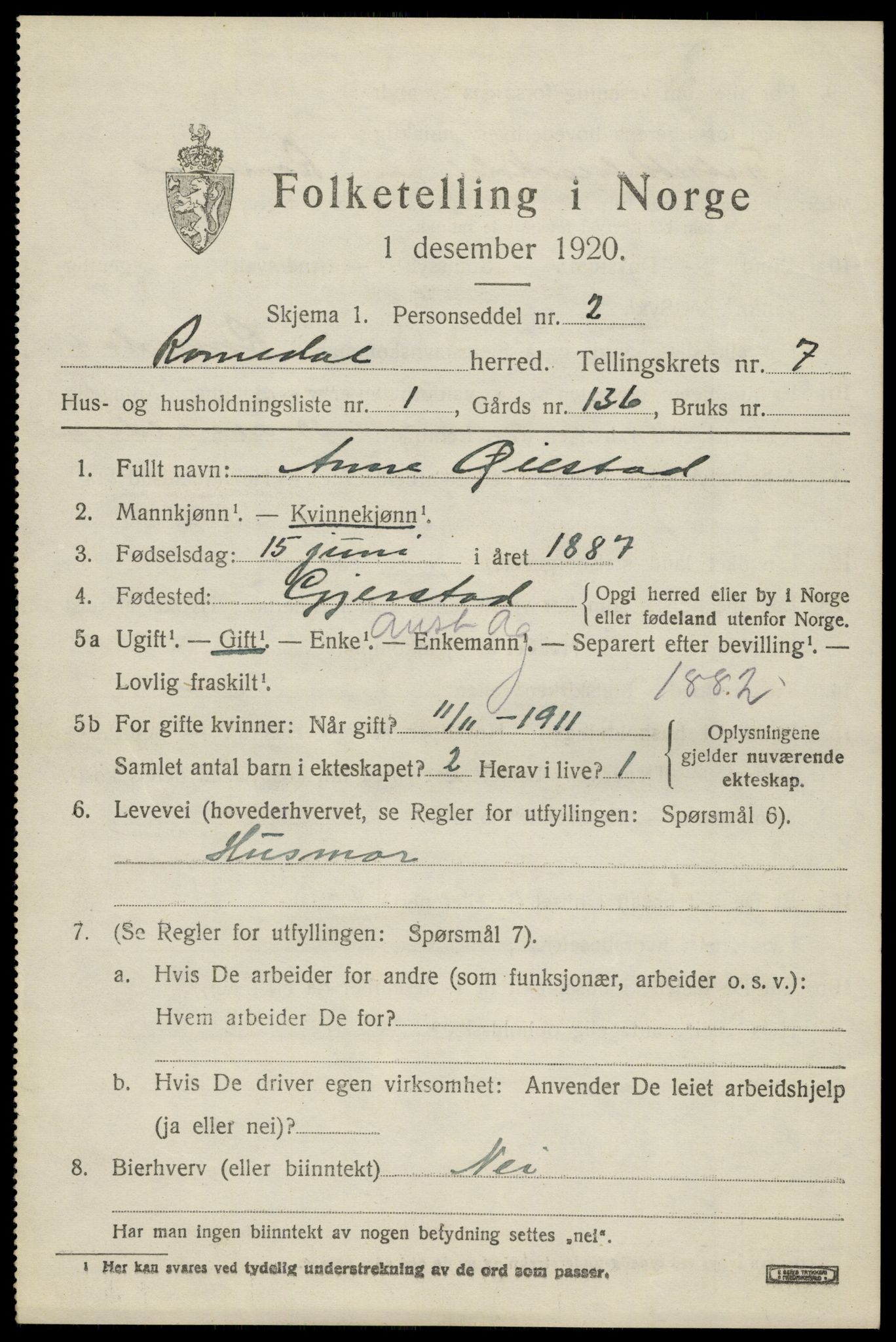 SAH, 1920 census for Romedal, 1920, p. 8701