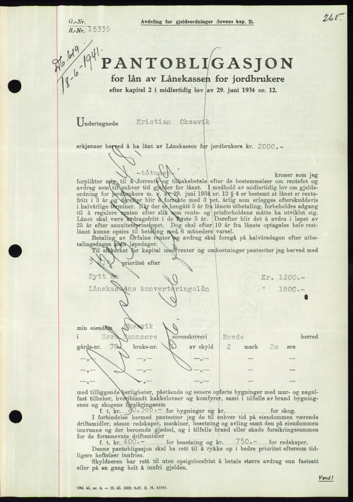 Søre Sunnmøre sorenskriveri, AV/SAT-A-4122/1/2/2C/L0071: Mortgage book no. 65, 1941-1941, Diary no: : 619/1941