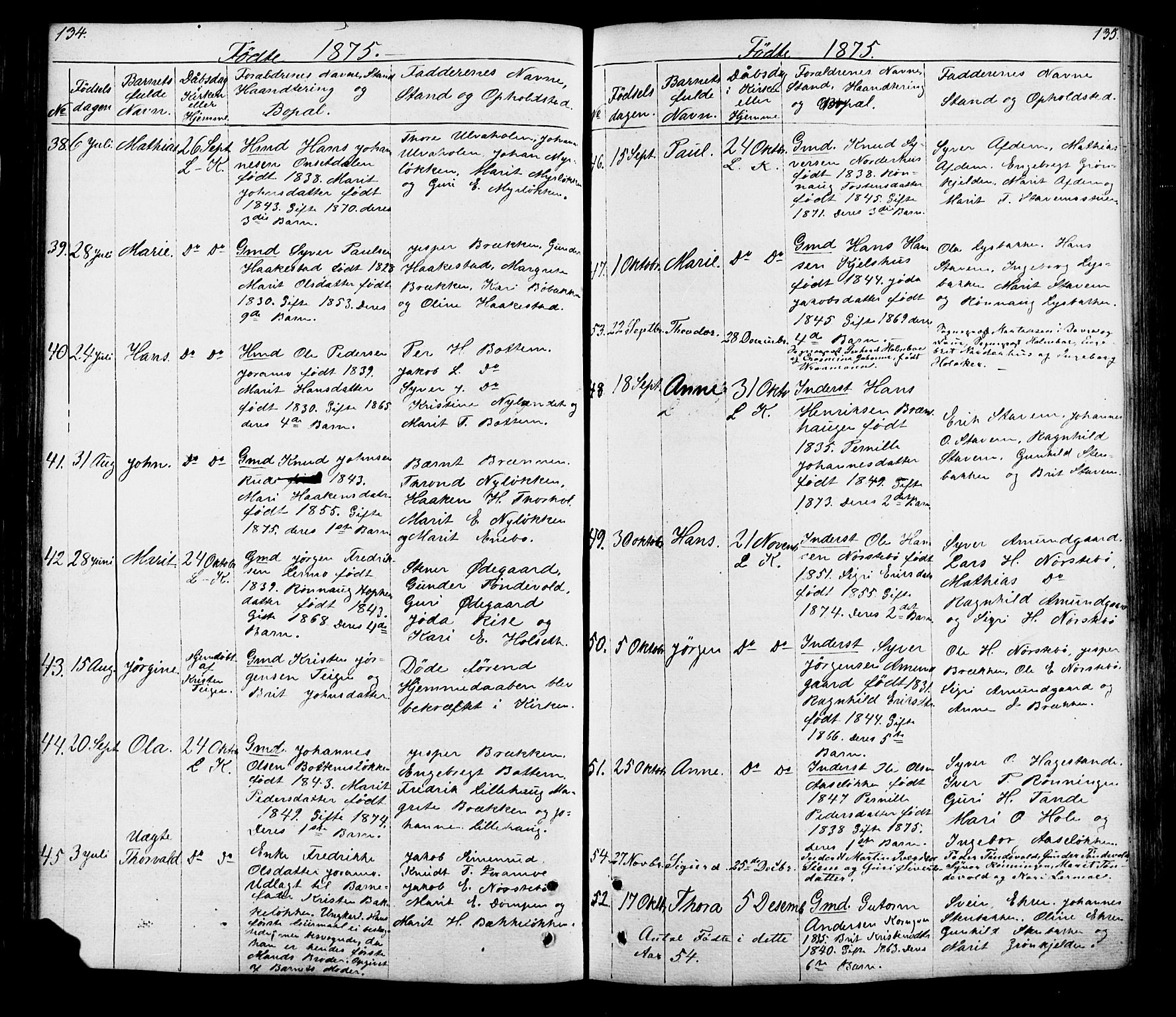 Lesja prestekontor, SAH/PREST-068/H/Ha/Hab/L0005: Parish register (copy) no. 5, 1850-1894, p. 134-135
