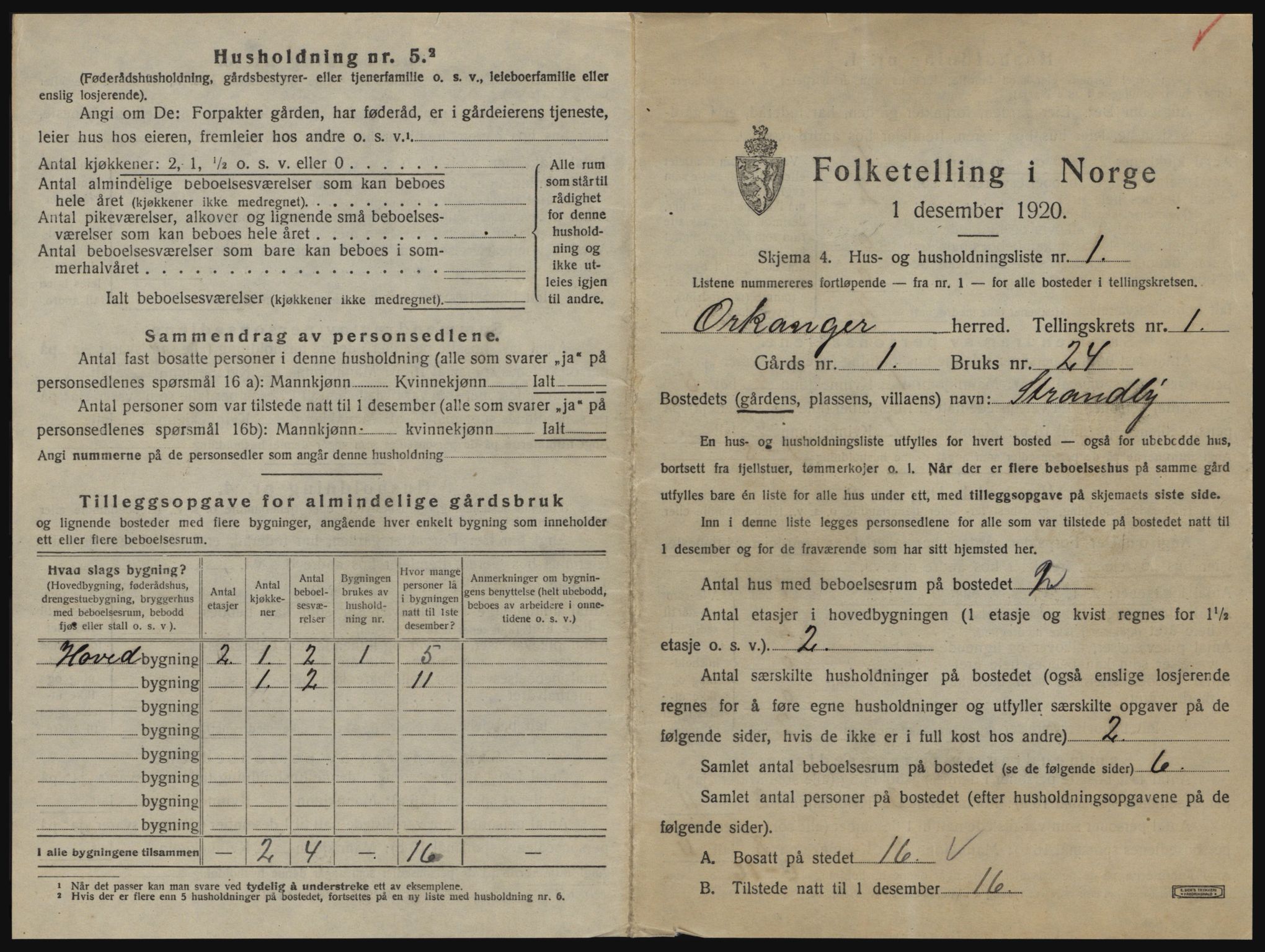 SAT, 1920 census for Orkanger, 1920, p. 39