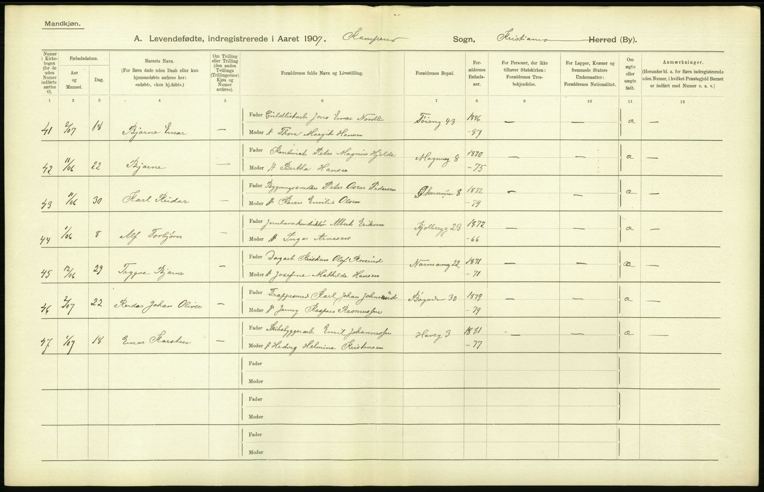 Statistisk sentralbyrå, Sosiodemografiske emner, Befolkning, AV/RA-S-2228/D/Df/Dfa/Dfae/L0007: Kristiania: Levendefødte menn og kvinner., 1907, p. 472