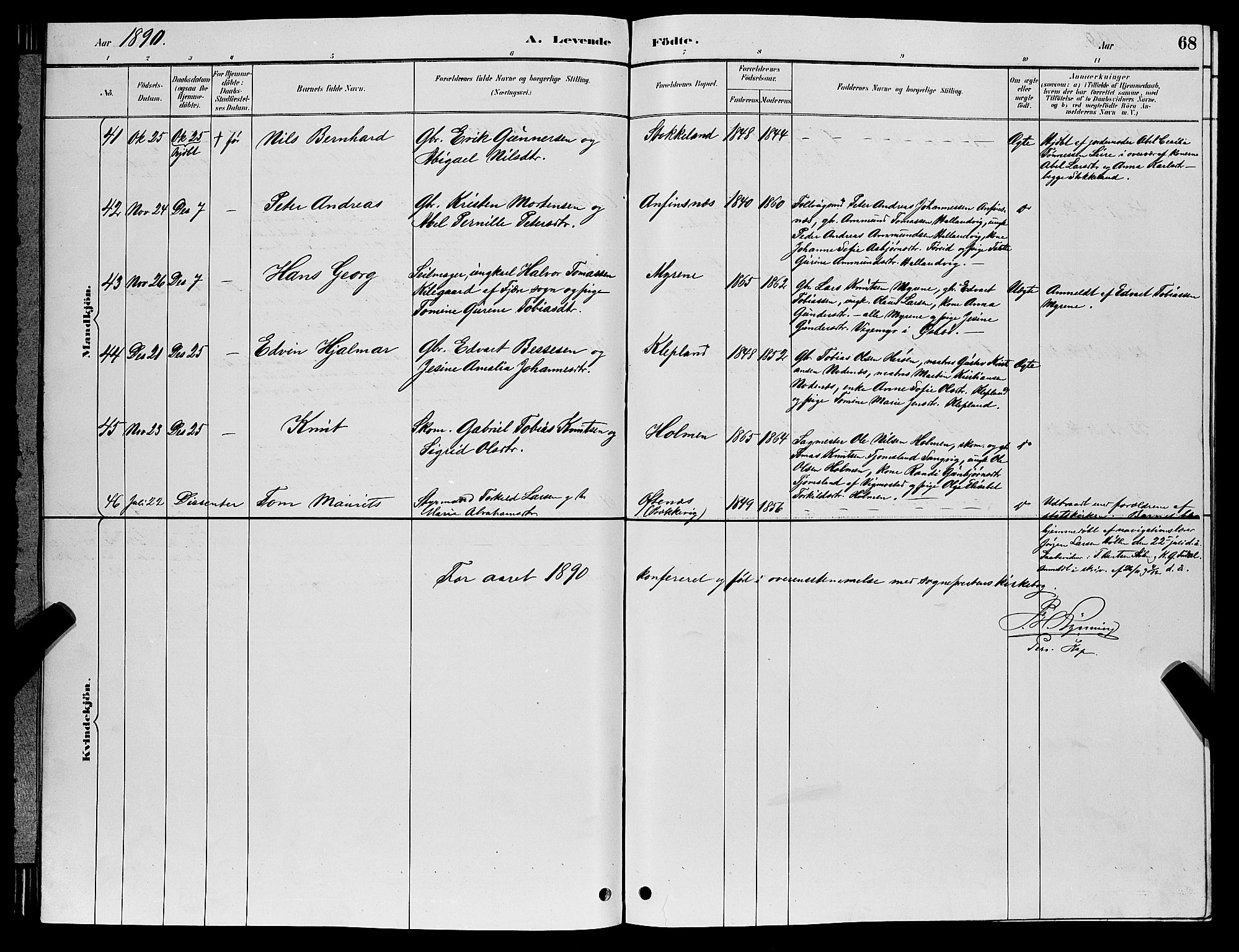 Søgne sokneprestkontor, SAK/1111-0037/F/Fb/Fbb/L0005: Parish register (copy) no. B 5, 1884-1891, p. 68