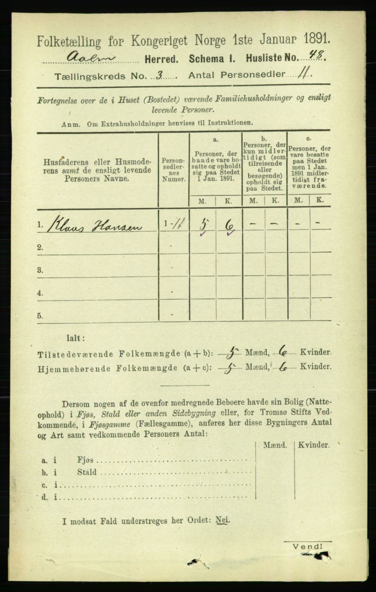 RA, 1891 census for 1644 Ålen, 1891, p. 733