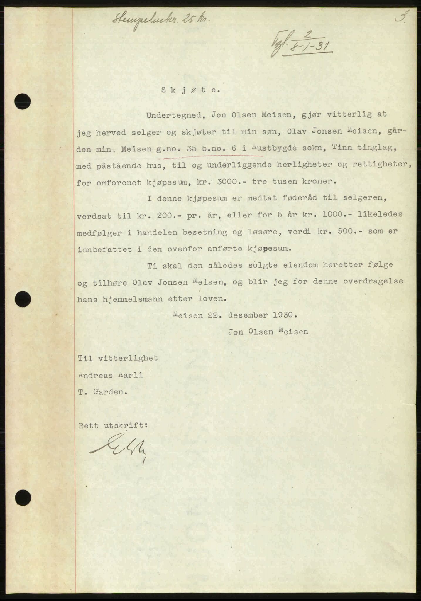 Tinn sorenskriveri, SAKO/A-210/G/Ga/L0003: Mortgage book no. 3, 1931-1933, p. 3, Deed date: 08.01.1931