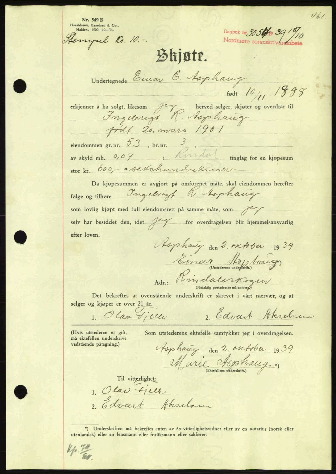 Nordmøre sorenskriveri, AV/SAT-A-4132/1/2/2Ca: Mortgage book no. A87, 1939-1940, Diary no: : 3054/1939