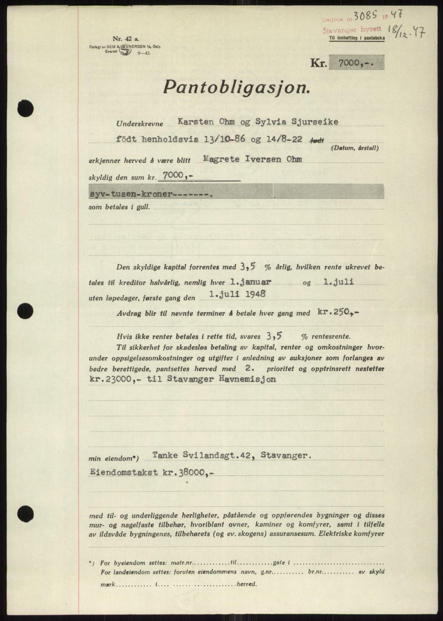 Stavanger byrett, SAST/A-100455/002/G/Gb/L0032: Mortgage book, 1947-1950, Diary no: : 3085/1947