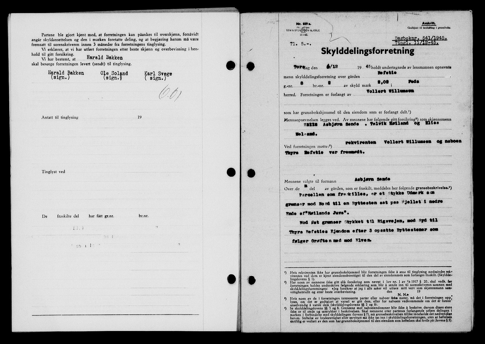 Flekkefjord sorenskriveri, SAK/1221-0001/G/Gb/Gba/L0060: Mortgage book no. A-8, 1945-1946, Diary no: : 541/1945