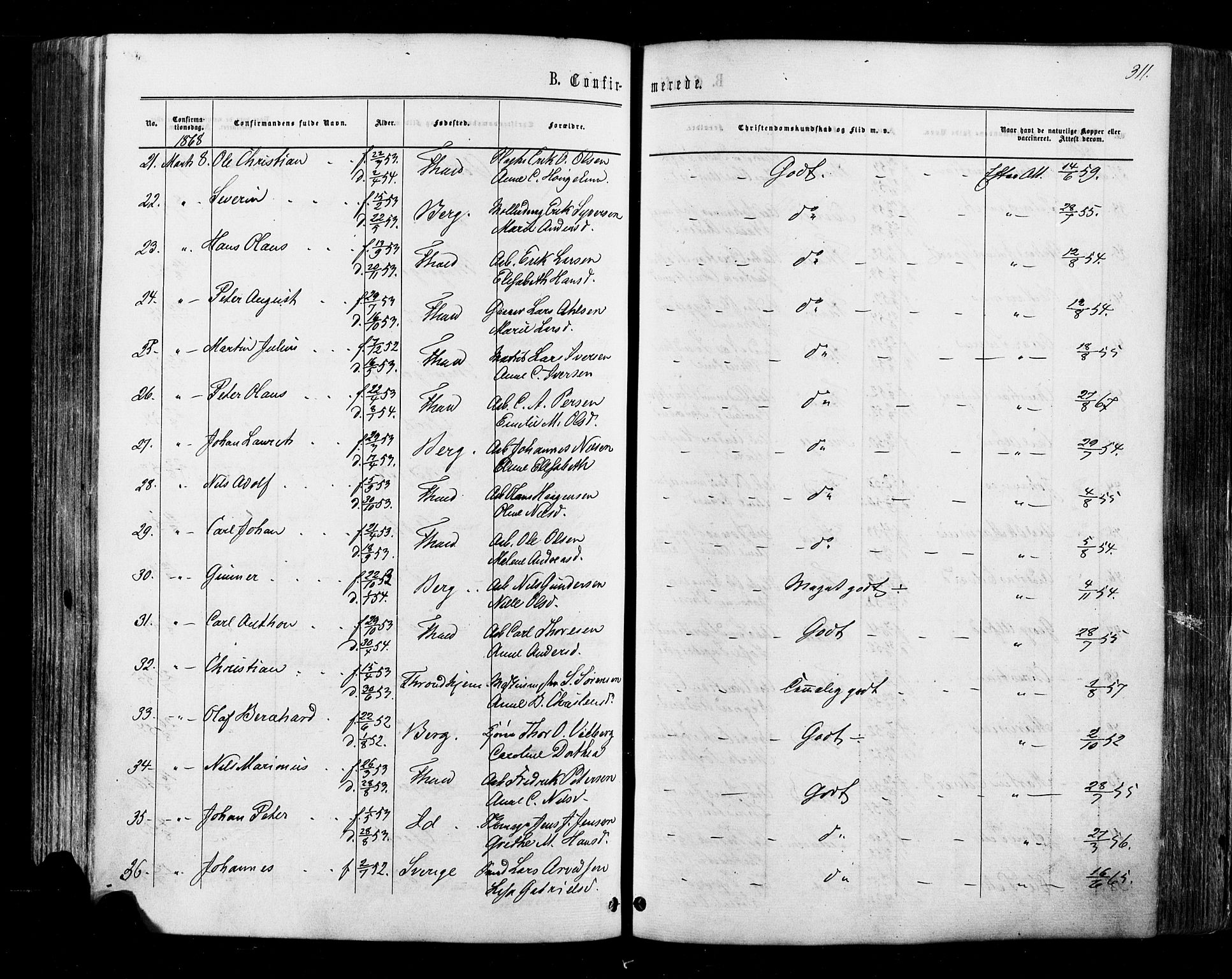 Halden prestekontor Kirkebøker, AV/SAO-A-10909/F/Fa/L0009: Parish register (official) no. I 9, 1866-1877, p. 311