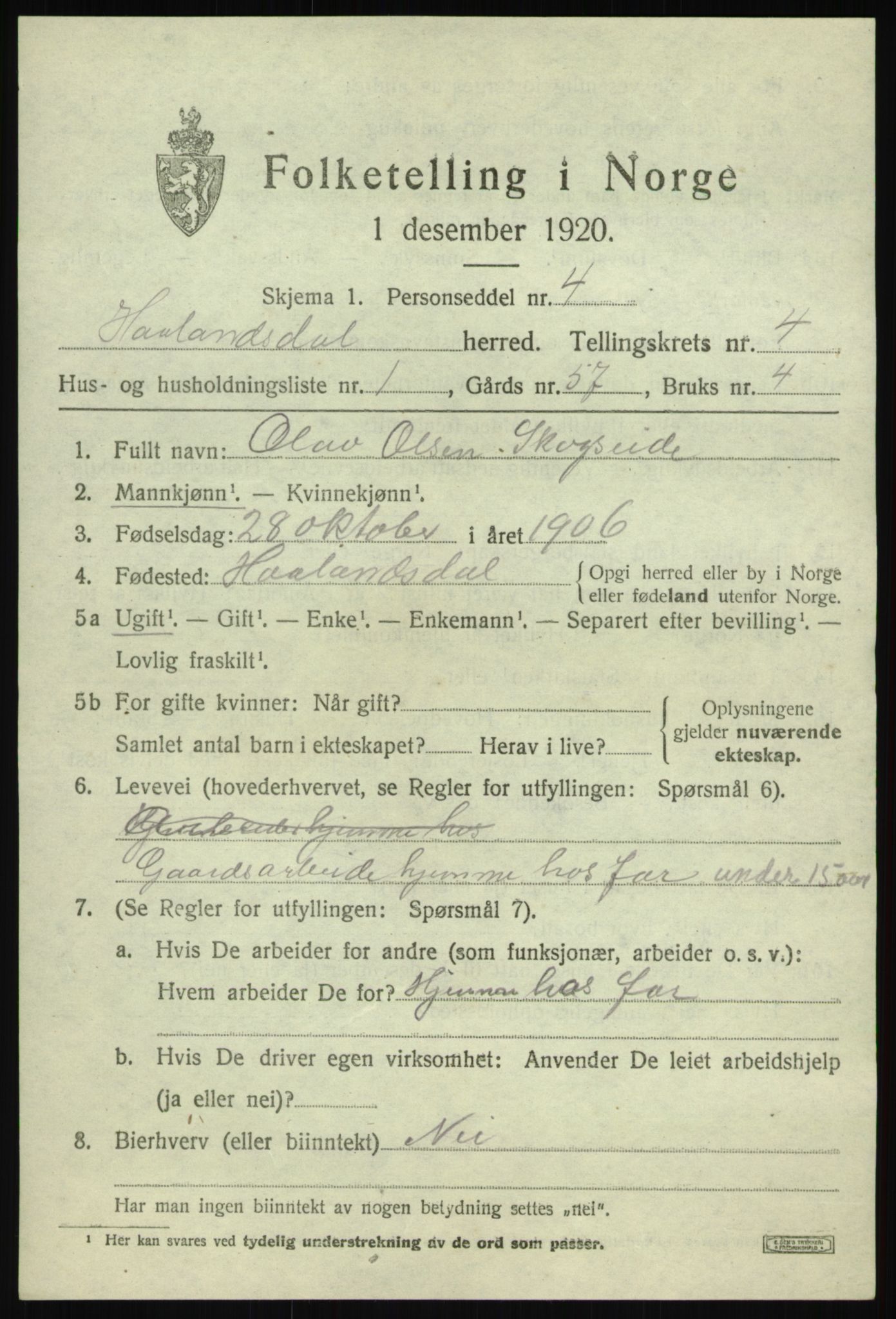 SAB, 1920 census for Hålandsdal, 1920, p. 834