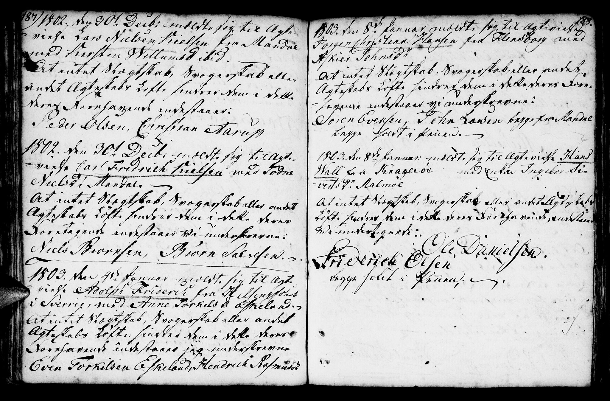 Mandal sokneprestkontor, AV/SAK-1111-0030/F/Fa/Faa/L0007: Parish register (official) no. A 7, 1783-1818, p. 187-188