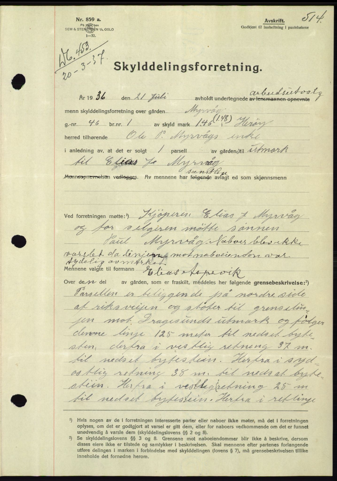 Søre Sunnmøre sorenskriveri, SAT/A-4122/1/2/2C/L0062: Mortgage book no. 56, 1936-1937, Diary no: : 453/1937