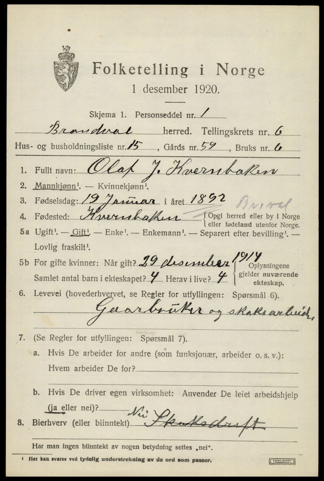 SAH, 1920 census for Brandval, 1920, p. 5424