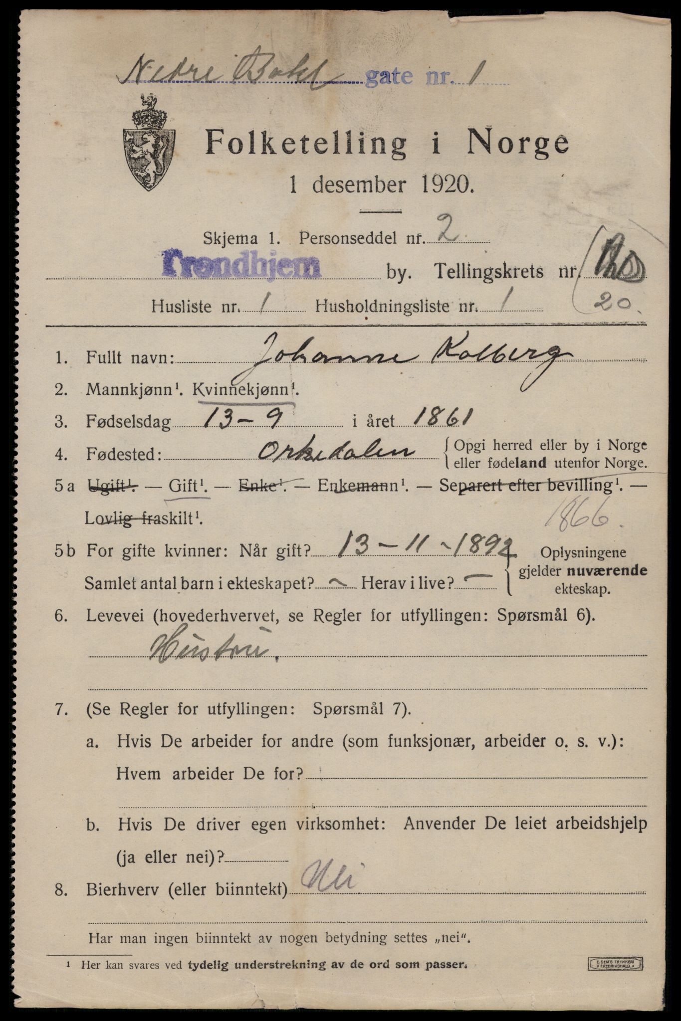 SAT, 1920 census for Trondheim, 1920, p. 103716