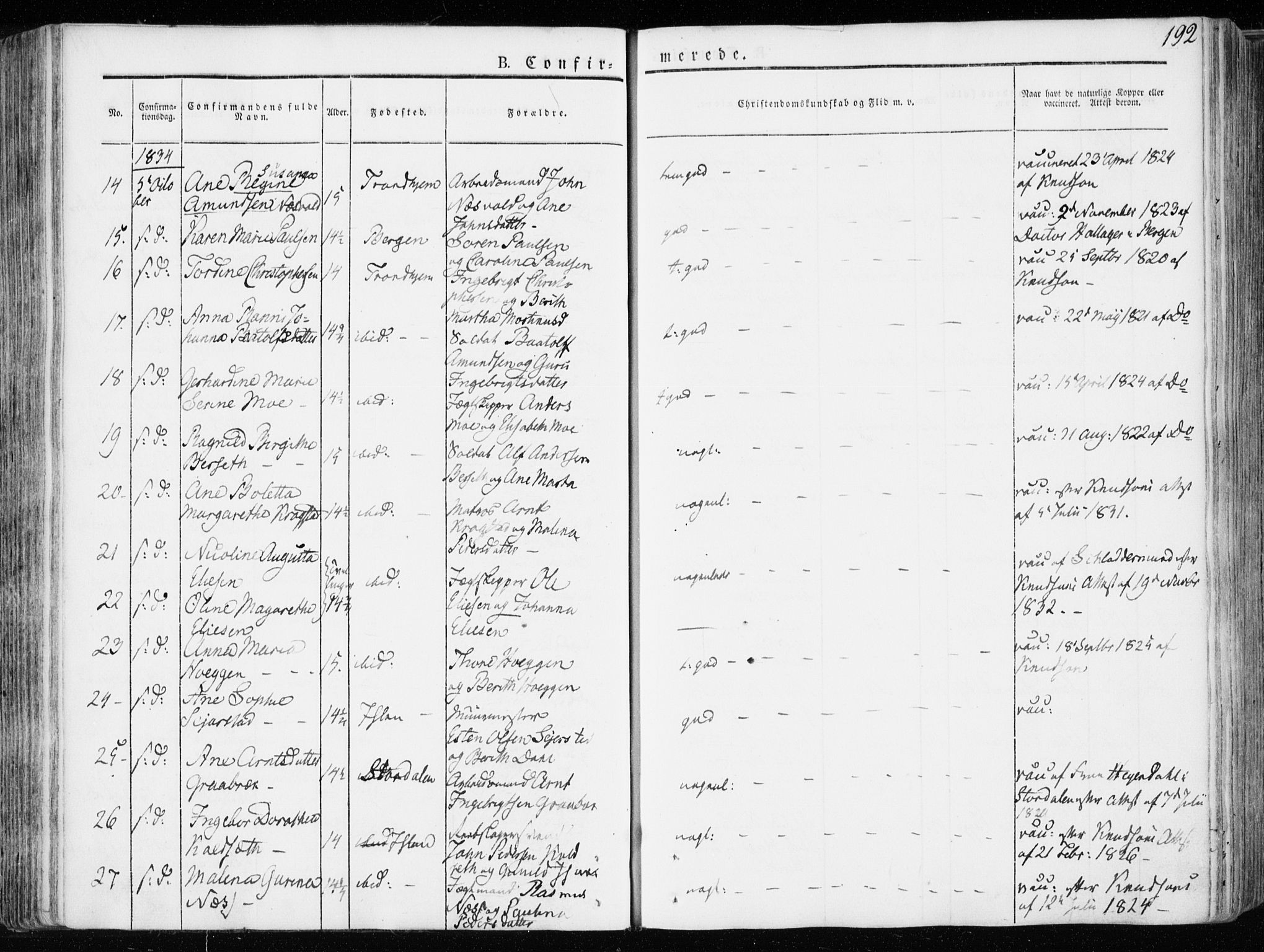 Ministerialprotokoller, klokkerbøker og fødselsregistre - Sør-Trøndelag, SAT/A-1456/601/L0047: Parish register (official) no. 601A15, 1831-1839, p. 192