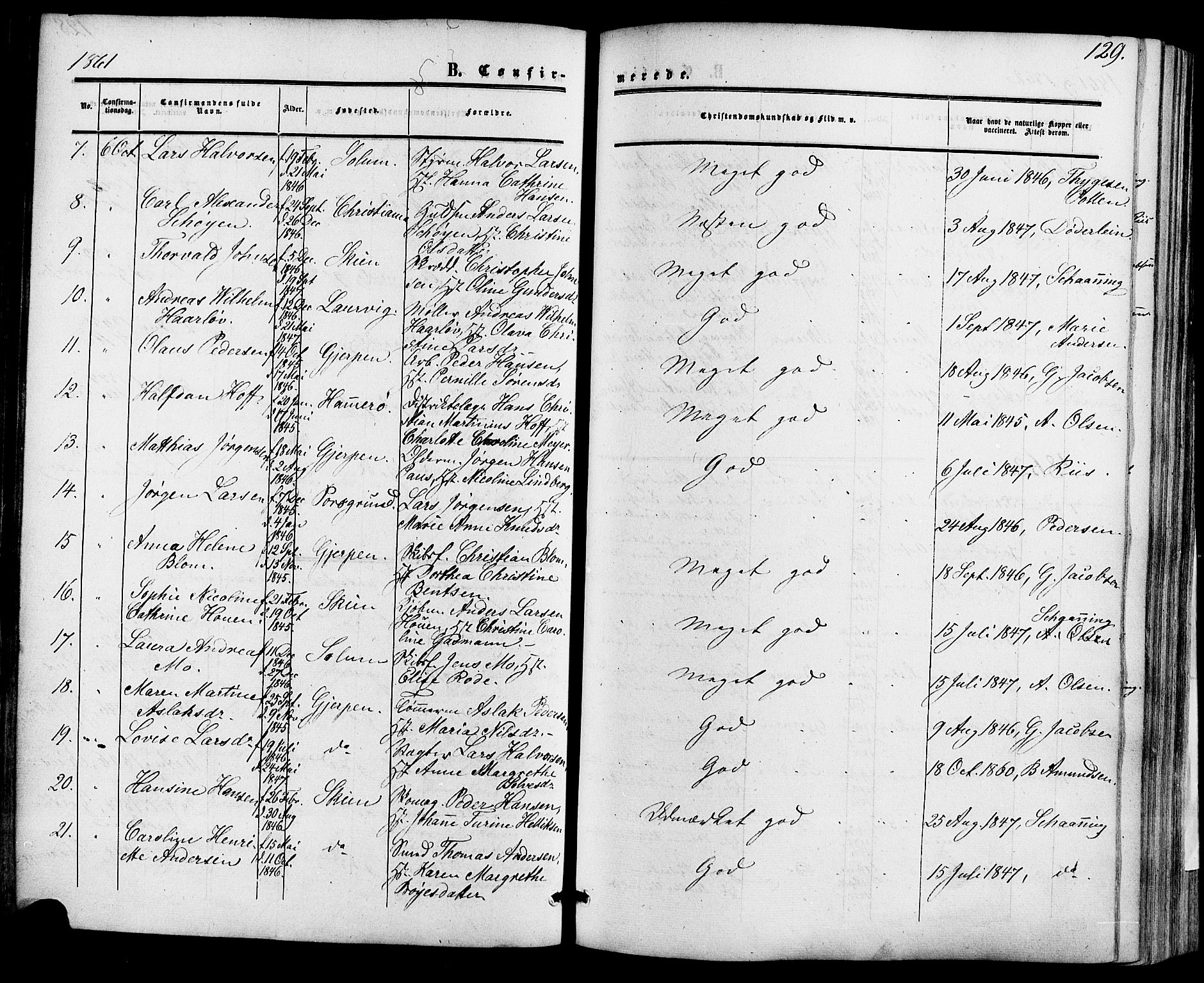 Skien kirkebøker, SAKO/A-302/F/Fa/L0007: Parish register (official) no. 7, 1856-1865, p. 129
