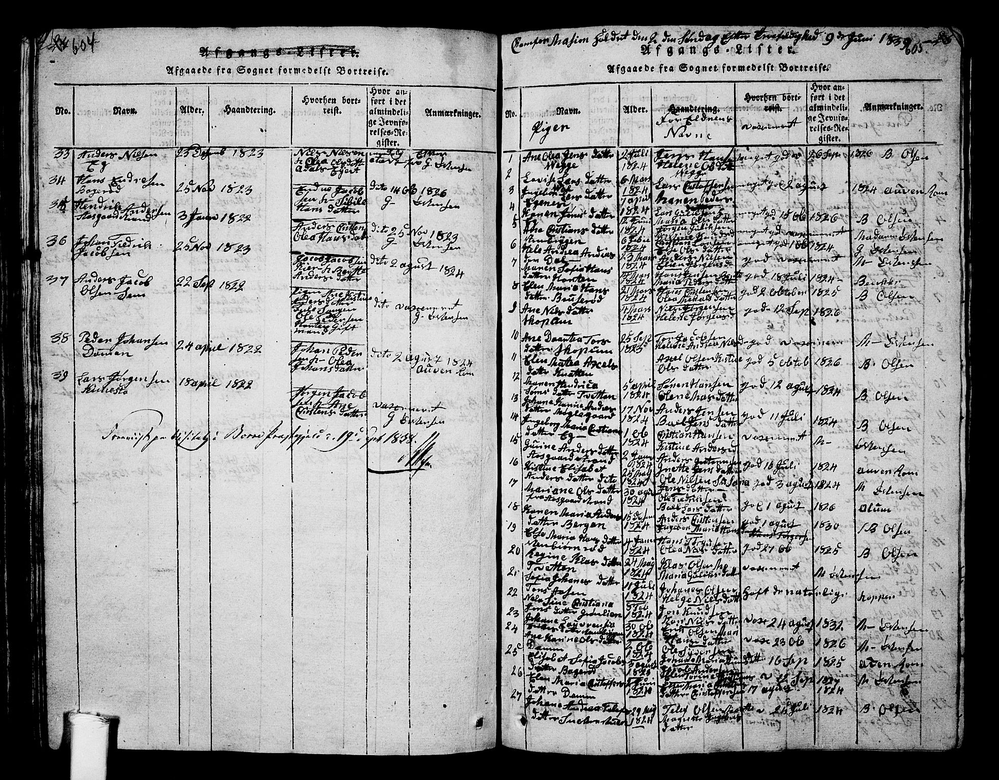 Borre kirkebøker, SAKO/A-338/G/Ga/L0001: Parish register (copy) no. I 1, 1815-1851, p. 604-605