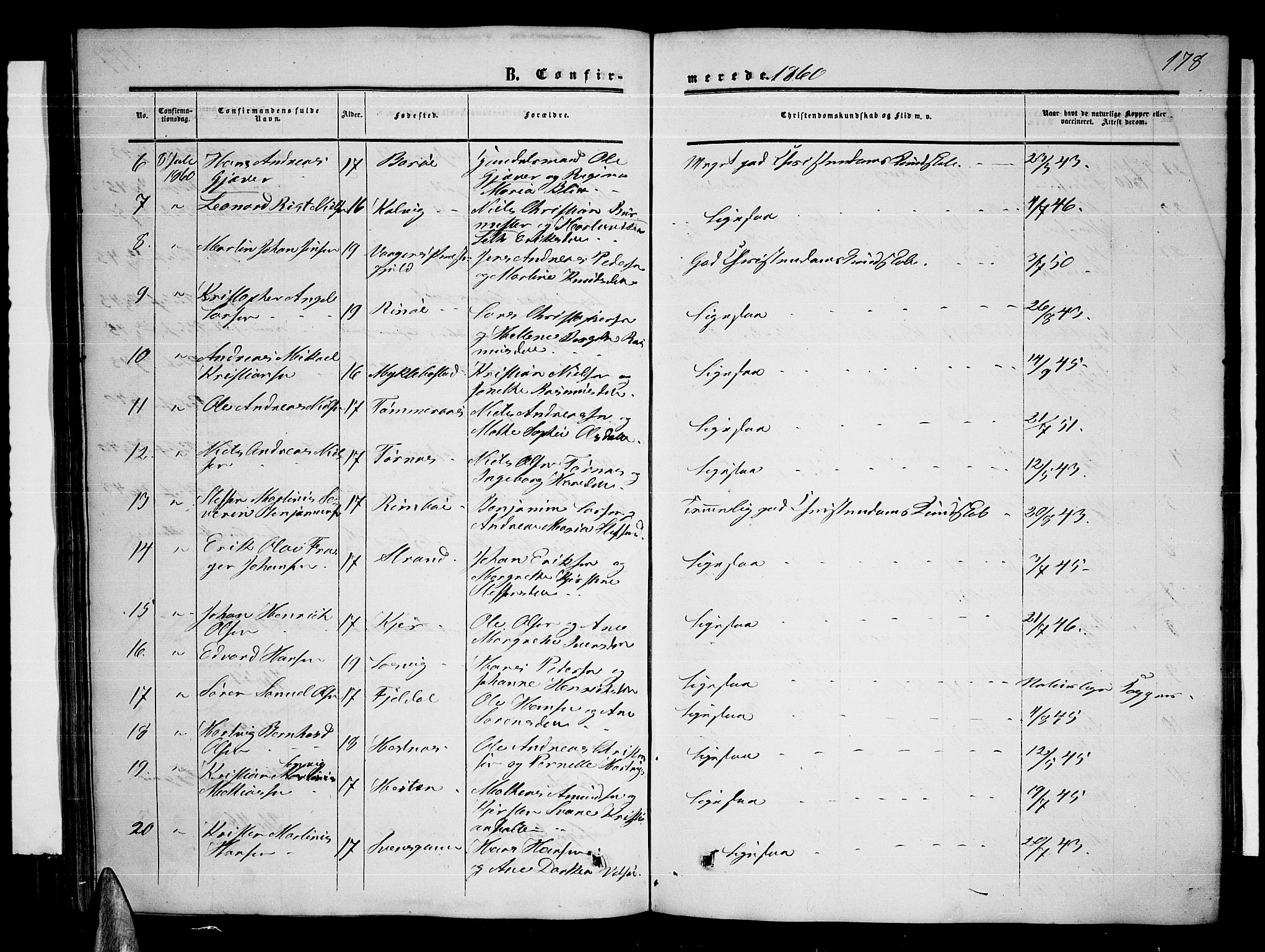 Ministerialprotokoller, klokkerbøker og fødselsregistre - Nordland, AV/SAT-A-1459/872/L1046: Parish register (copy) no. 872C02, 1852-1879, p. 178