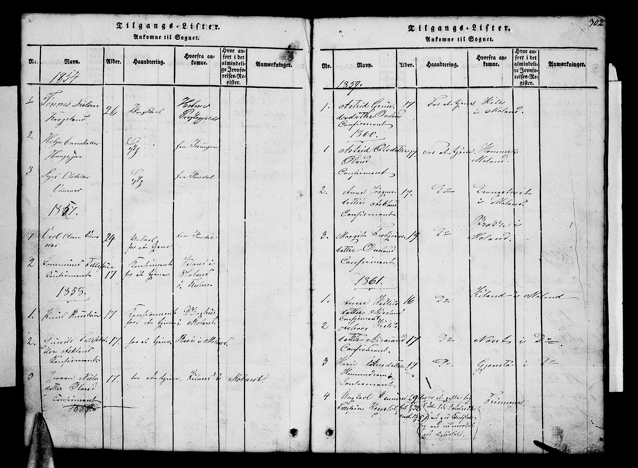 Åmli sokneprestkontor, SAK/1111-0050/F/Fb/Fba/L0001: Parish register (copy) no. B 1, 1816-1890, p. 302