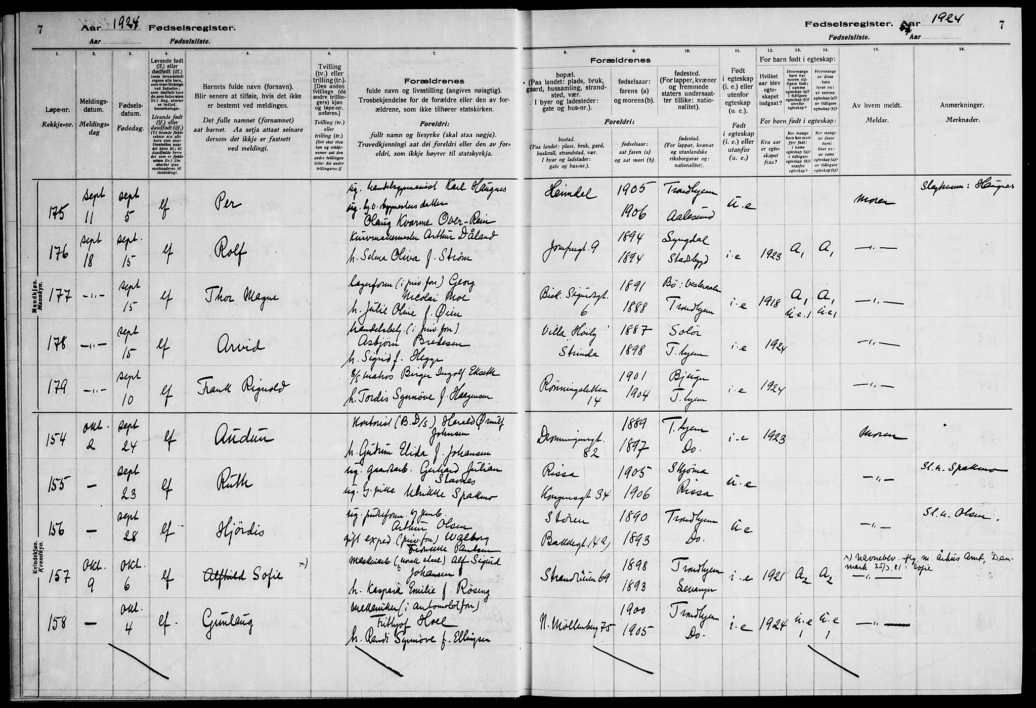 Ministerialprotokoller, klokkerbøker og fødselsregistre - Sør-Trøndelag, AV/SAT-A-1456/600/L0004: Birth register no. 600.II.4.3, 1924-1928, p. 7