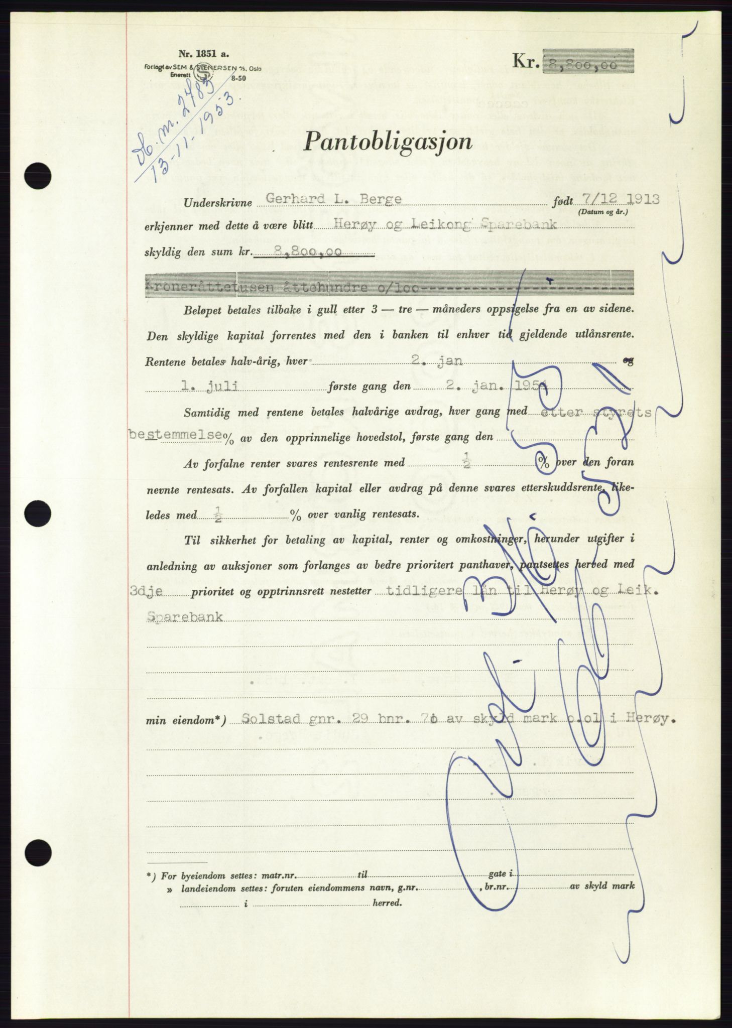 Søre Sunnmøre sorenskriveri, AV/SAT-A-4122/1/2/2C/L0124: Mortgage book no. 12B, 1953-1954, Diary no: : 2783/1953