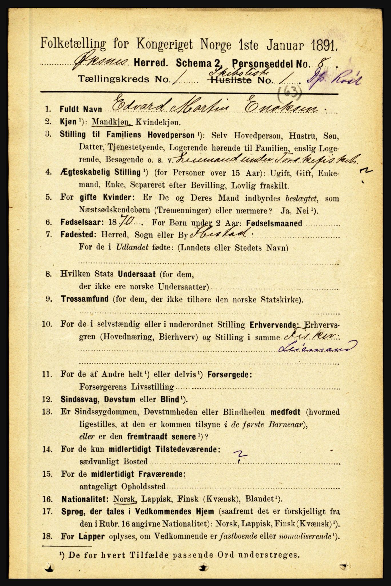 RA, 1891 census for 1868 Øksnes, 1891, p. 3508