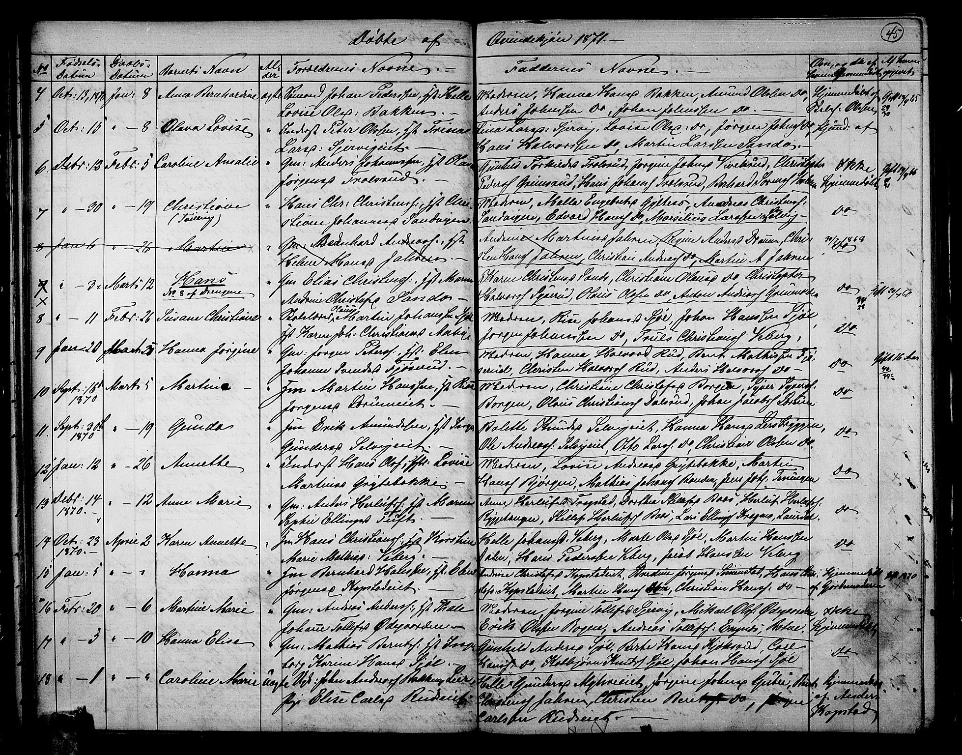 Sande Kirkebøker, AV/SAKO-A-53/G/Ga/L0003: Parish register (copy) no. 3, 1864-1882, p. 45