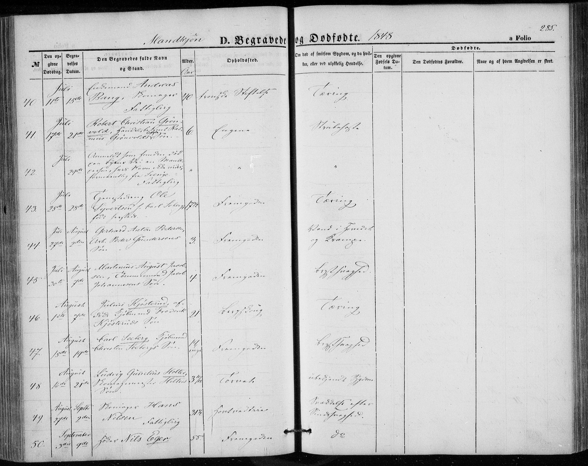 Bragernes kirkebøker, SAKO/A-6/F/Fb/L0002: Parish register (official) no. II 2, 1848-1859, p. 285