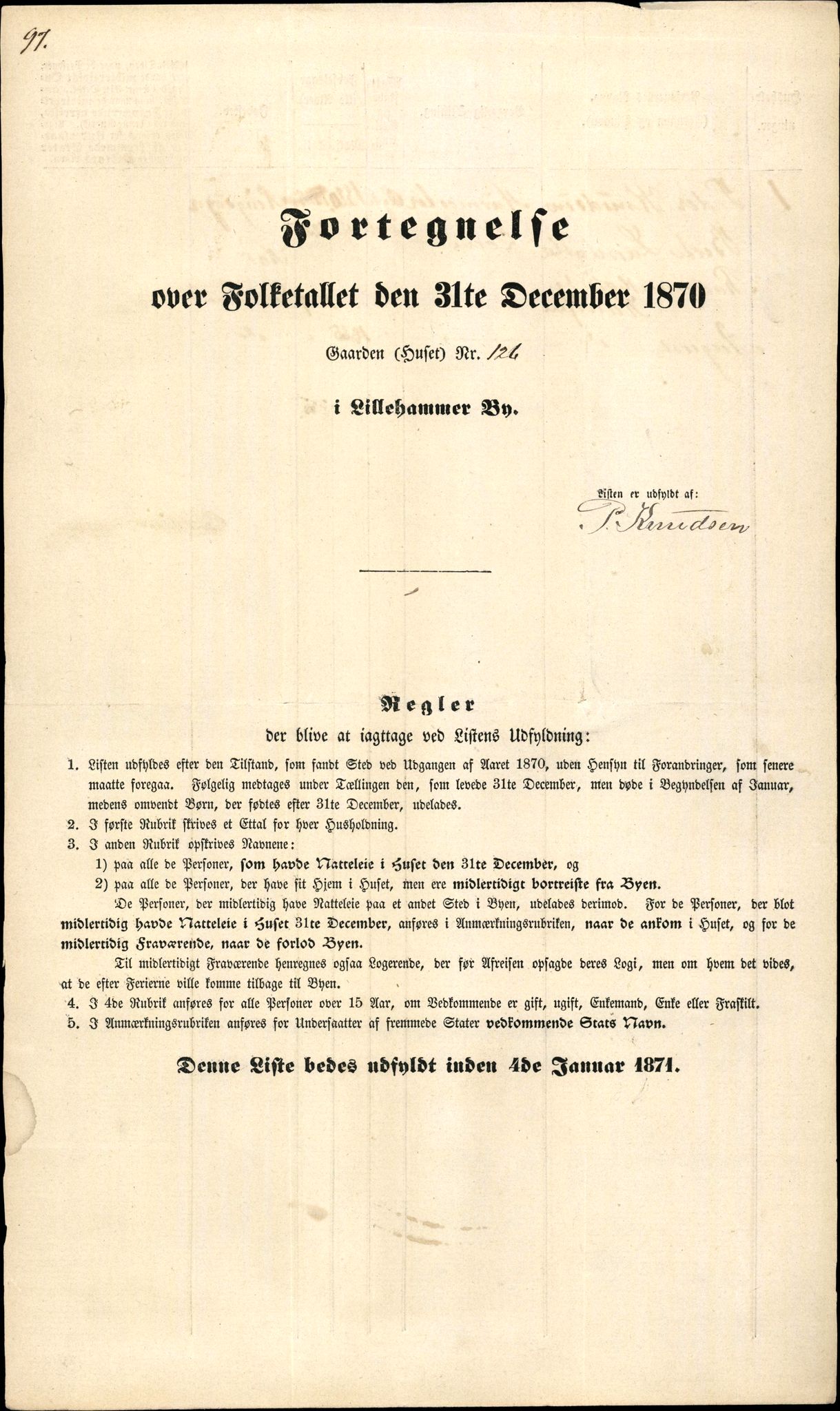 RA, 1870 census for 0501 Lillehammer, 1870, p. 97