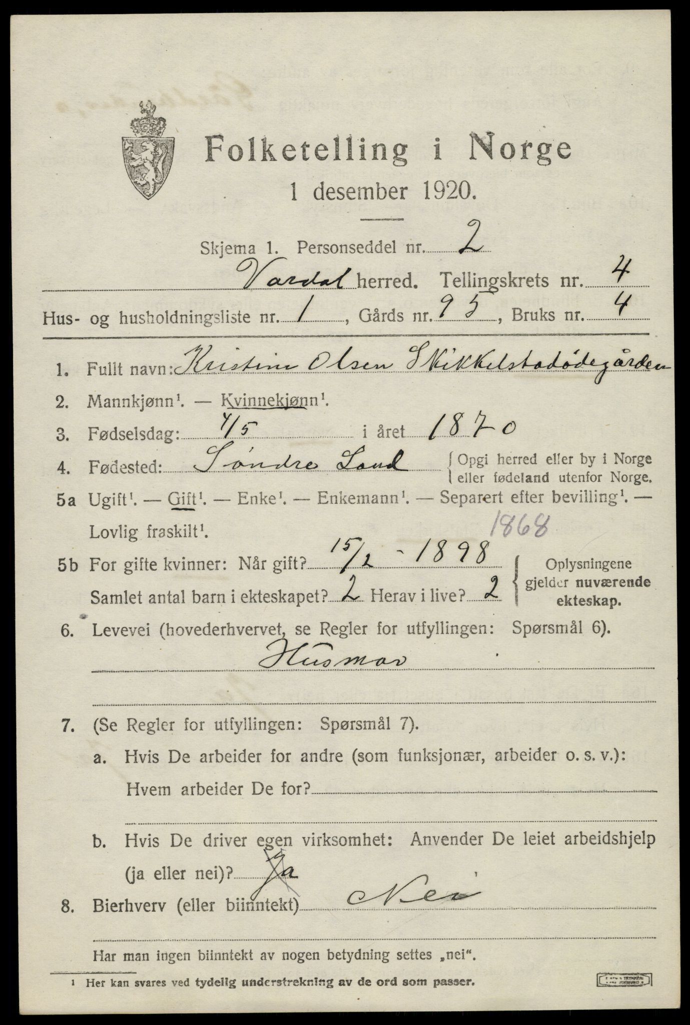 SAH, 1920 census for Vardal, 1920, p. 2855