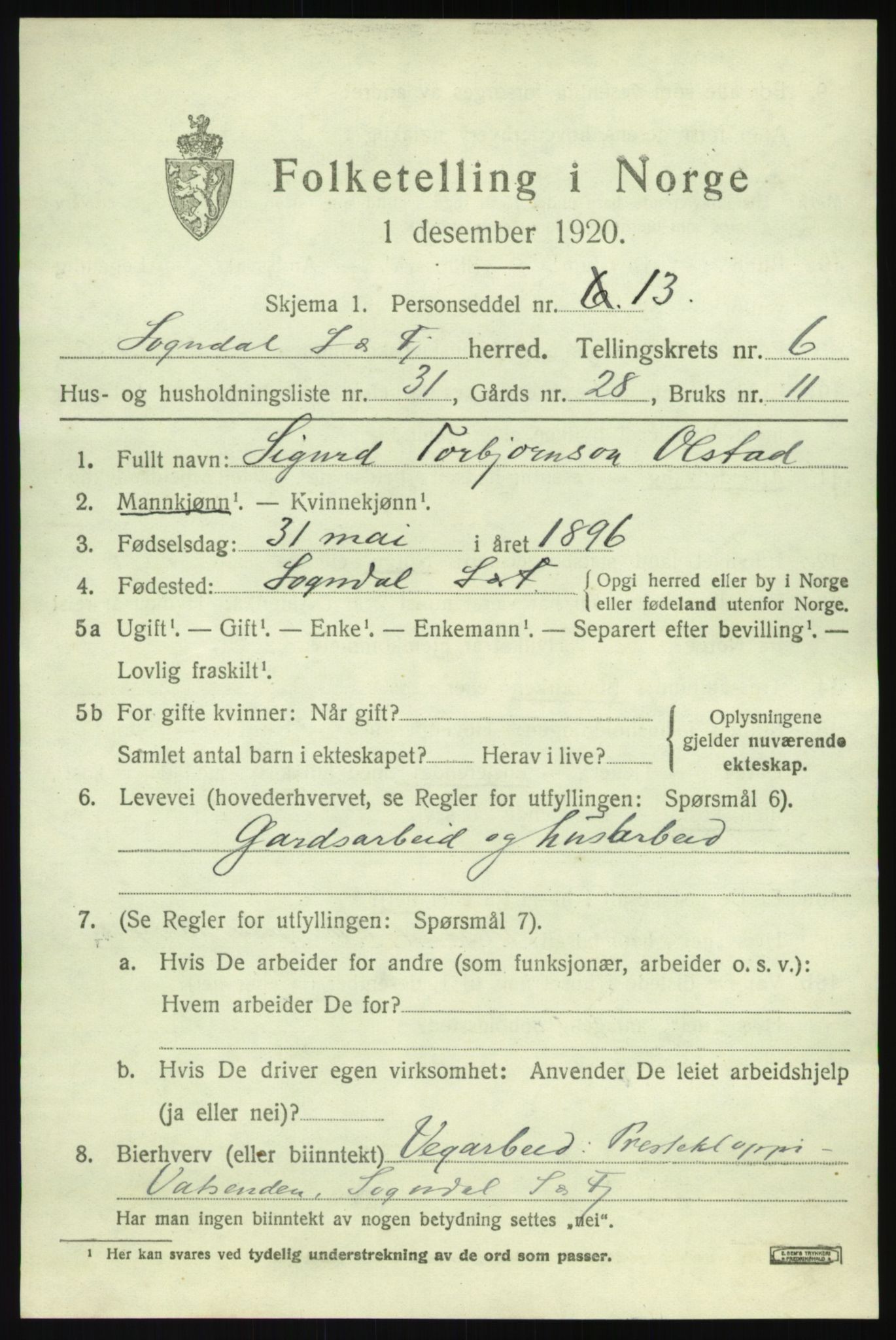 SAB, 1920 census for Sogndal, 1920, p. 3379