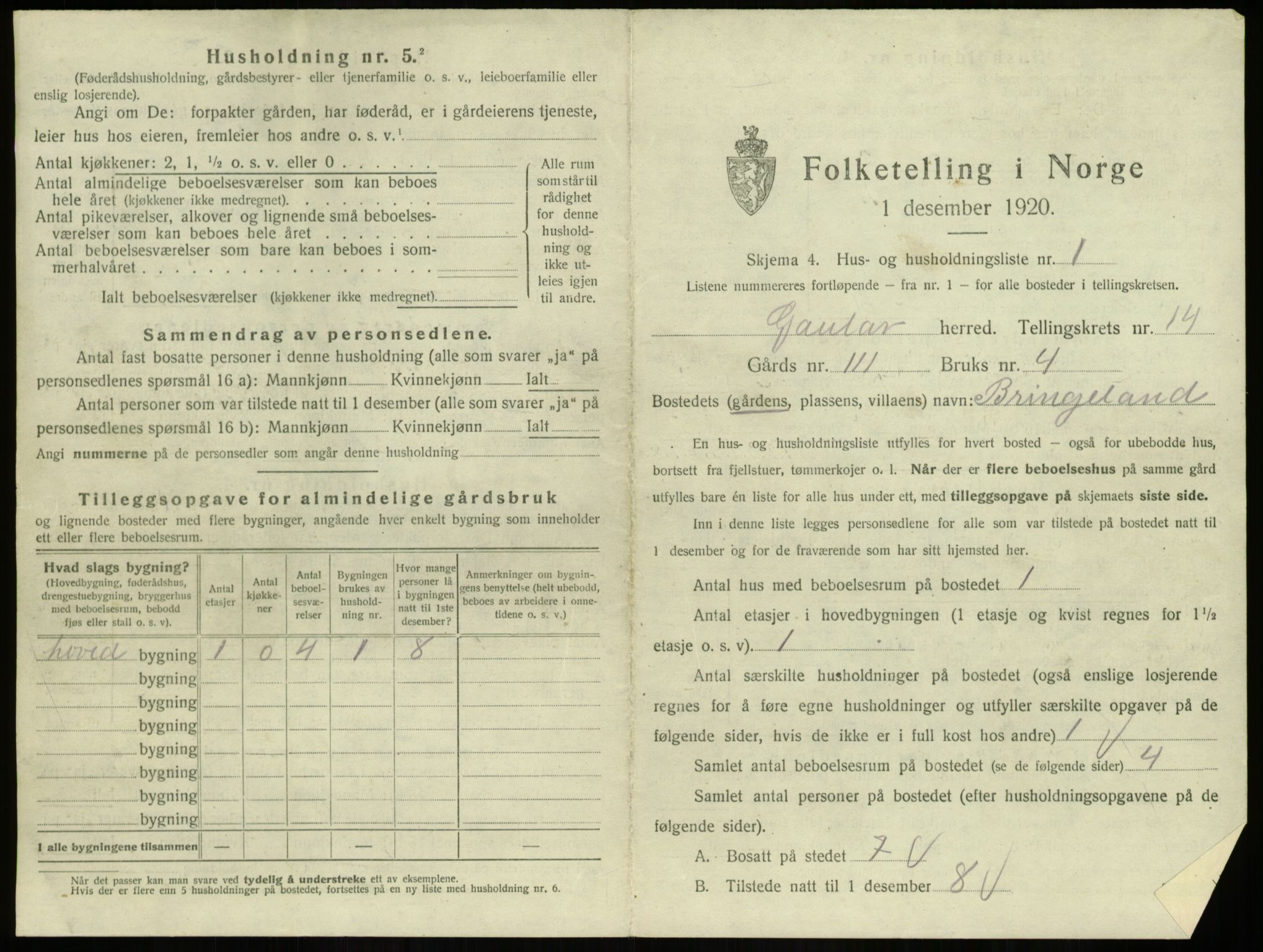 SAB, 1920 census for Gaular, 1920, p. 1019